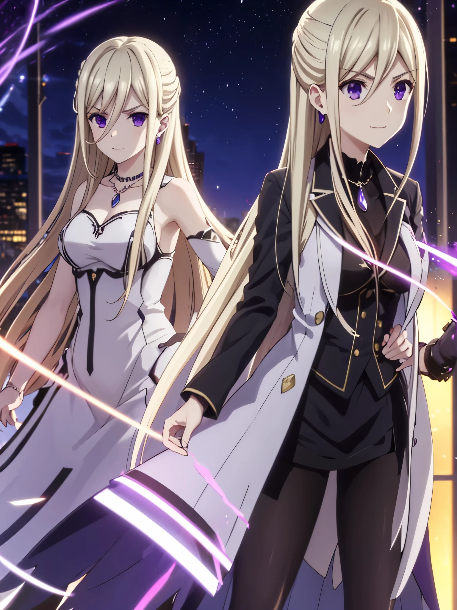 ellen mira mathers formal, long hair, blonde hair, (purple eyes:1.1), jewelry, earrings, necklace, formal, suit, purple suit, long skirt, black skirt, pantyhose,loose suit 
cowboy shot、
(Très délicate et belle: 1.2), 1 fille, frange,  Vague, Vague background, arc, cheveux bruns, Fermez-la, vue de côté, cheveux entre les yeux, hair arc, lanthane, Particules de lumière, Manches longues, Observer le public, cheveux mi-longs, nuit, red arc, , Acteur(symbolisme), partie supérieure du corps, sourire, lèvres rouges, vêtements large ample