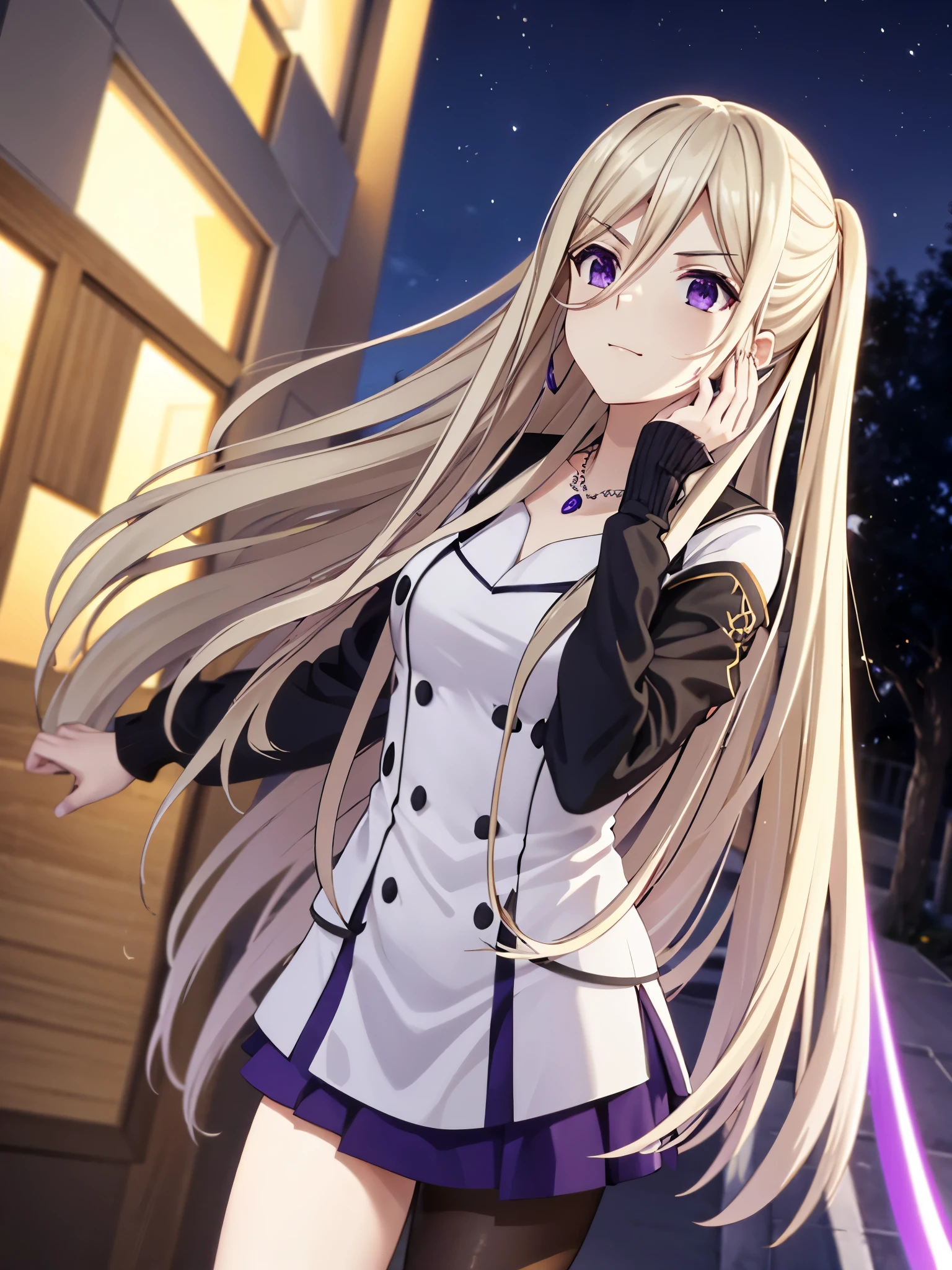 ellen mira mathers formal, long hair, blonde hair, (purple eyes:1.1), jewelry, earrings, necklace, formal, suit, purple suit, long skirt, black skirt, pantyhose,loose suit 
cowboy shot、
(Très délicate et belle: 1.2), 1 fille, frange,  Vague, Vague background, arc, cheveux bruns, Fermez-la, vue de côté, cheveux entre les yeux, hair arc, lanthane, Particules de lumière, Manches longues, Observer le public, cheveux mi-longs, nuit, red arc, , Acteur(symbolisme), partie supérieure du corps, sourire, lèvres rouges, vêtements large ample