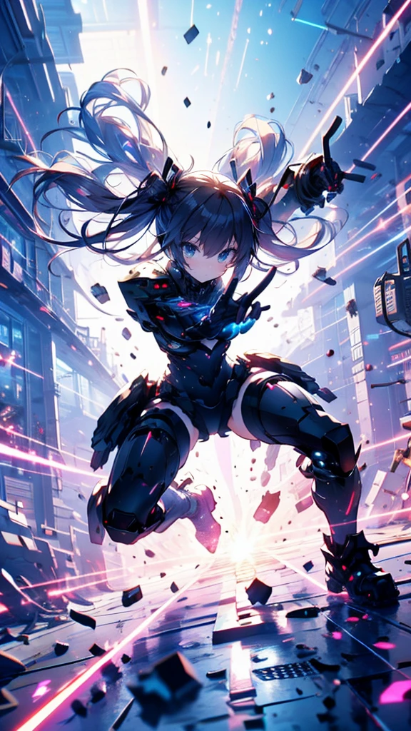 8K,Ultra Detail,ultra-quality,ultra precision,ultimate masutepiece,No extra arms,No extra legs,No extra fingers,No extra hands,heavy powerd armor girl,twin tail hair,future Cyber world,combat,