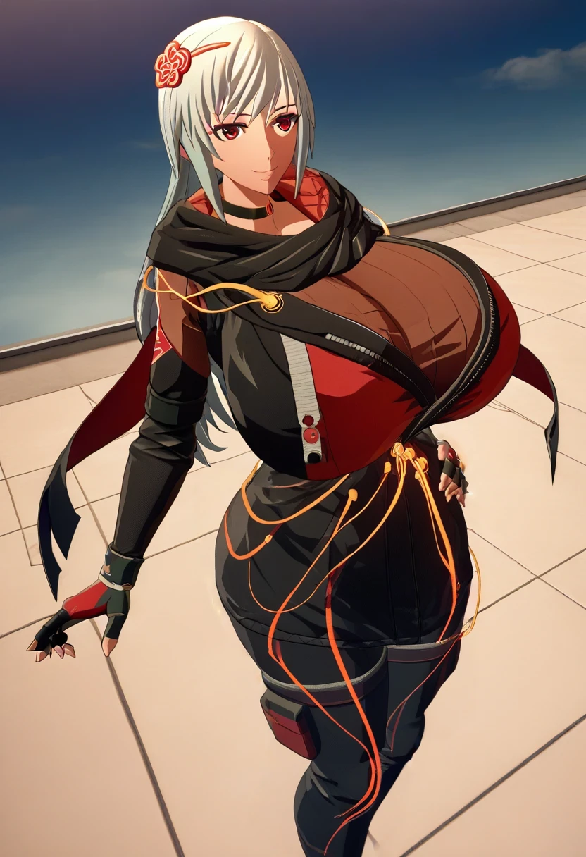 score_9, score_8_above, score_7_above, source_animated, BREAK 1girl,  looking at the viewer , smile,  hand on hip, DefKasane , long hair,  hair ornament , choker, black jacket, Gigantic breasts gigantic black scarf , red cape,  Separate sleeves , cables, red gloves,  fingerless gloves ,  black pants , al aire libre, sky, nube Big  Milf Thicc Hot Big Ass Curvilínea Cintura plana Milf ❤️‍🔥❤️‍🔥❤️‍🔥❤️‍🔥❤️‍🔥🔞🔞🔞🔞🥛🥛🥛🚺🚺💘💘💘 big ass