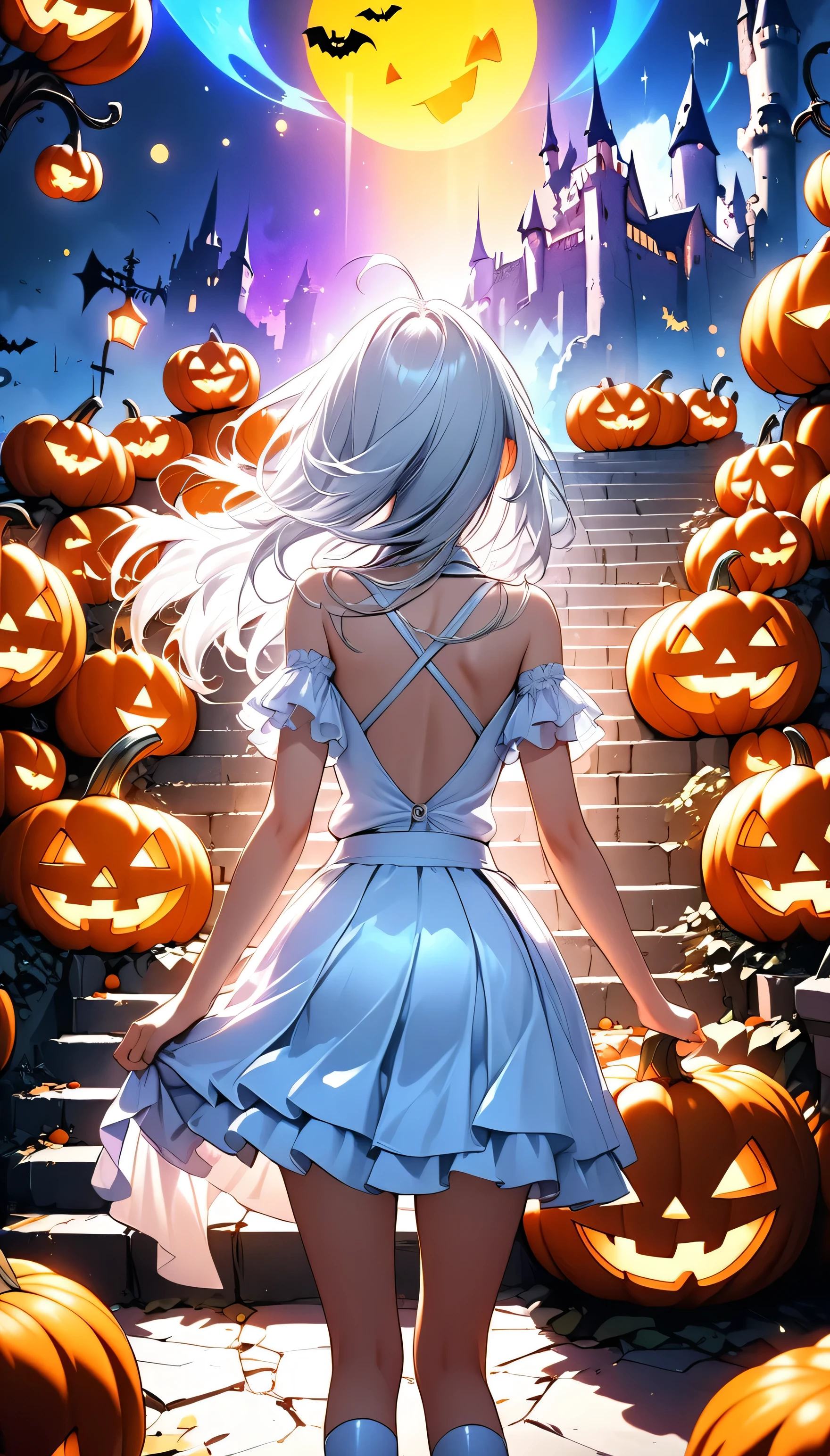 (from behind:2.0),(((Go up the stairs made of pumpkins to the castle))),(beautiful girl:1.3),masterpiece,Please redeem,Ultra-high resolution,rich contrast,Very high quality,8k,Highly detailed CG unit wallpaper,Texture,So ridiculous,RAW Photos,Highest quality anime,Depth of written boundary 1.2,ultra-detailed eyes,Glowing Skin,Glitter Effect,Beautiful glossy lips,(double pumpkinbuns,Silver-white hair),( Halloween ), looks like he's about 18 years old,ROUGH,(The tip of the skirt is equipped with a round light that emits yellow light).big and round butt,girl　Alone, fantastic,SDXL,(happy smile),Violet eyes