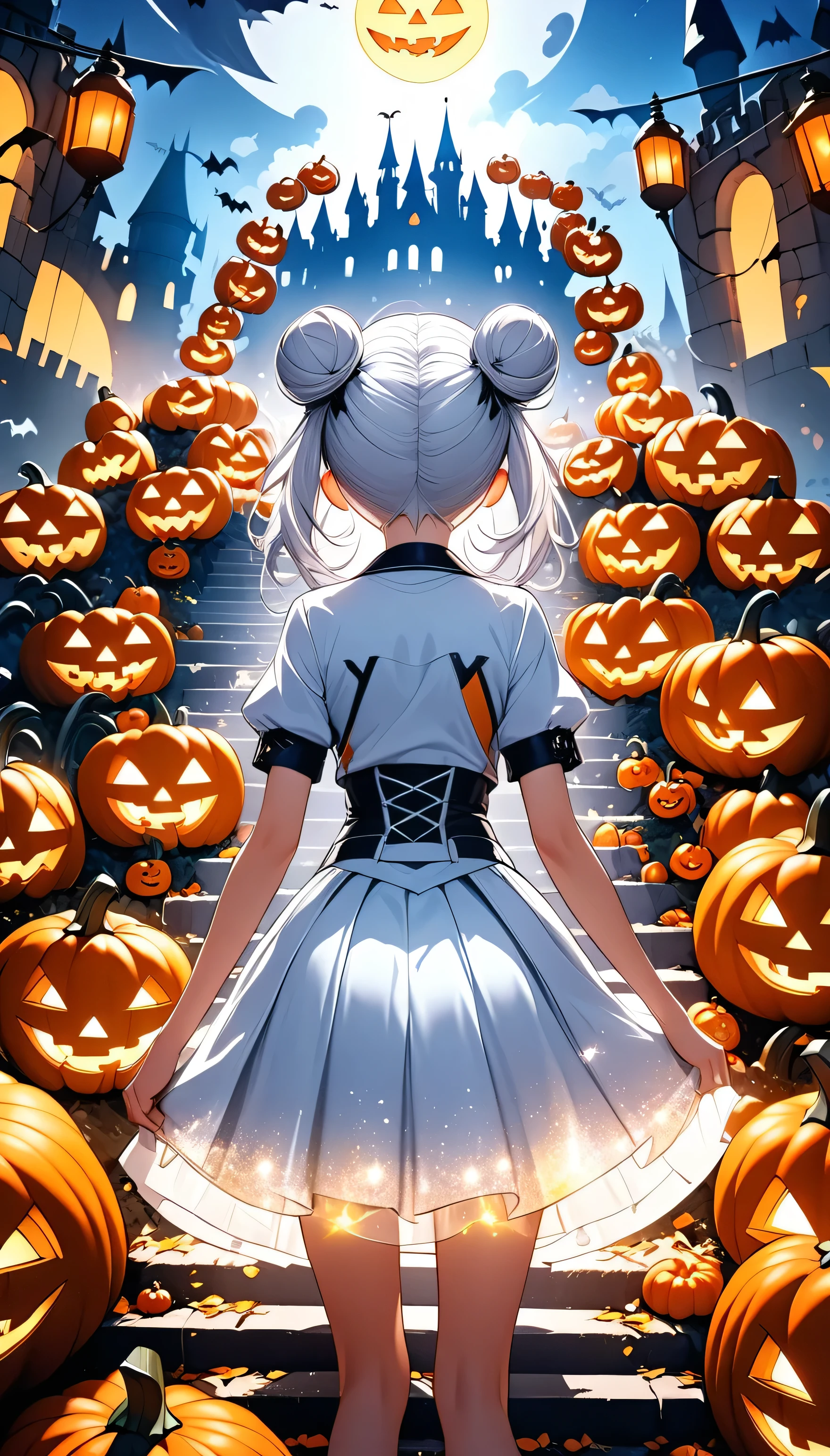 (from behind:2.0),(((Go up the stairs made of pumpkins to the castle))),(beautiful girl:1.3),masterpiece,Please redeem,Ultra-high resolution,rich contrast,Very high quality,8k,Highly detailed CG unit wallpaper,Texture,So ridiculous,RAW Photos,Highest quality anime,Depth of written boundary 1.2,ultra-detailed eyes,Glowing Skin,Glitter Effect,Beautiful glossy lips,(double pumpkinbuns,Silver-white hair),( Halloween ), looks like he's about 18 years old,ROUGH,(The tip of the skirt is equipped with a round light that emits yellow light).big and round butt,girl　Alone, fantastic,SDXL,(happy smile),Violet eyes