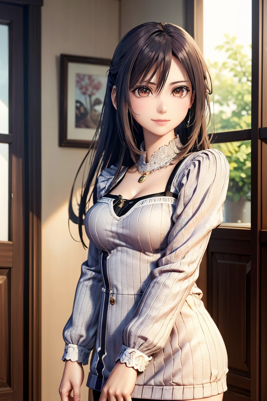 a beautiful young woman standing proudly in a coffe shop, wearing expensive large luxury clothes, with intricate hair ornaments and subtle jewelry, facing the viewer with a mocking smile, her body and face exuding happyness, (best quality,4k,8k,highres,masterpiece:1.2),ultra-detailed,(realistic,photorealistic,photo-realistic:1.37),HDR,studio lighting,physically-based rendering,extremely detailed face and body,complex background details,warm dramatic lighting from indoor lamps and sunset outside the frame,dynamic lighting colors,hyperrealistic