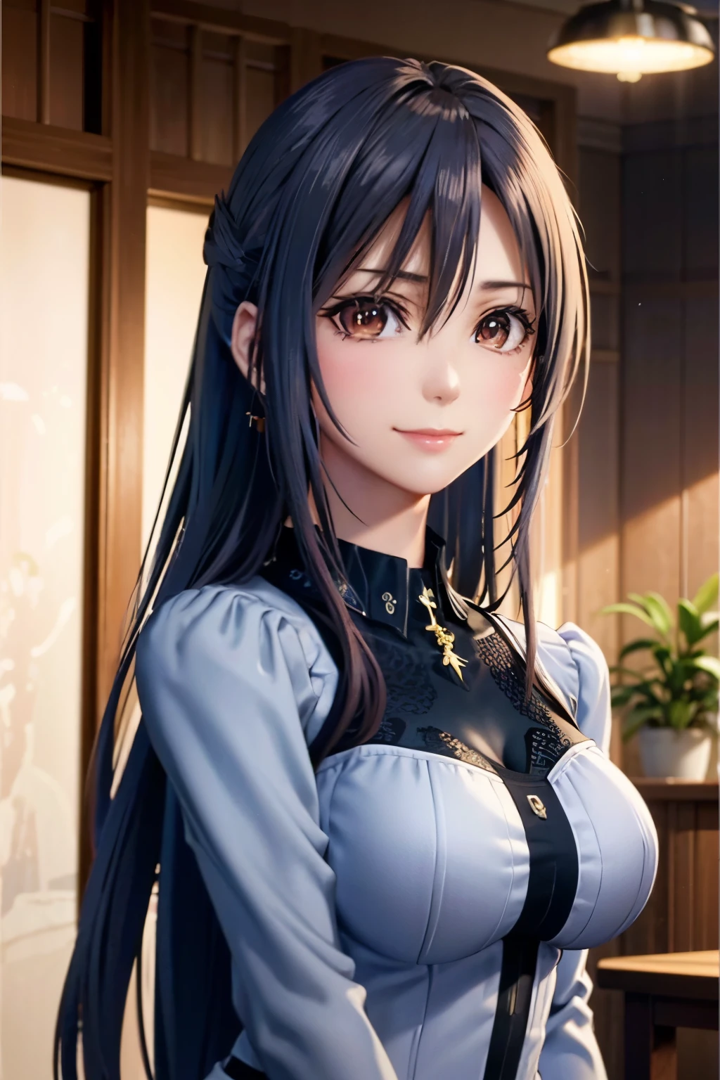 a beautiful young woman standing proudly in a coffe shop, wearing expensive large luxury clothes, with intricate hair ornaments and subtle jewelry, facing the viewer with a mocking smile, her body and face exuding happyness, (best quality,4k,8k,highres,masterpiece:1.2),ultra-detailed,(realistic,photorealistic,photo-realistic:1.37),HDR,studio lighting,physically-based rendering,extremely detailed face and body,complex background details,warm dramatic lighting from indoor lamps and sunset outside the frame,dynamic lighting colors,hyperrealistic