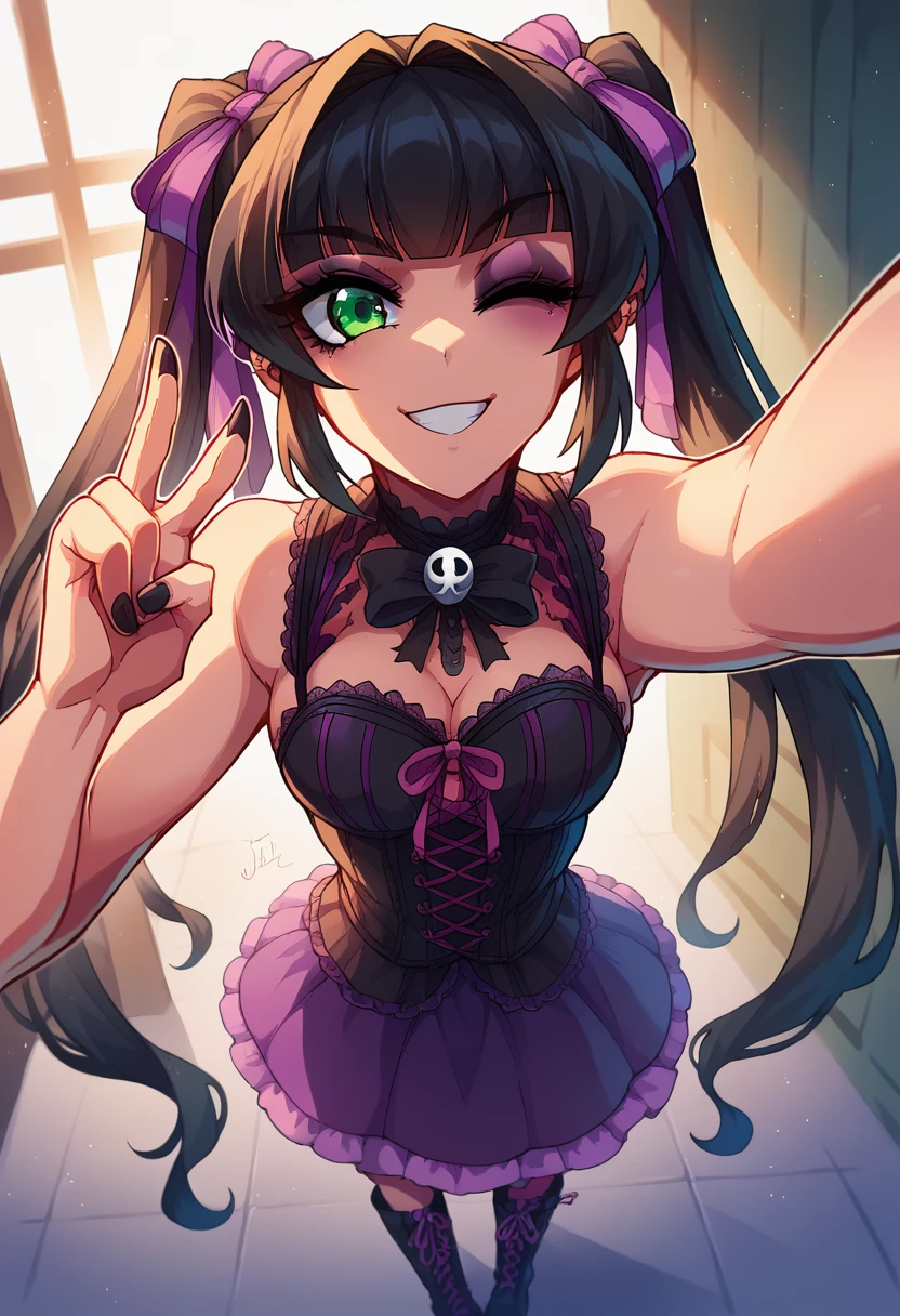 Masterpiece highest quality Unity 8k,(Twin tails),hair ribbon,Black Hair,Very long hair,green eye,(jiraikei (Pink Gothic Ta:1.3)),Lace-up boots,((lighting front)),(selfie,peace sign、one eye closed , pov, close up, looking to viewer), perfect body,  sly smile, amusement park nude