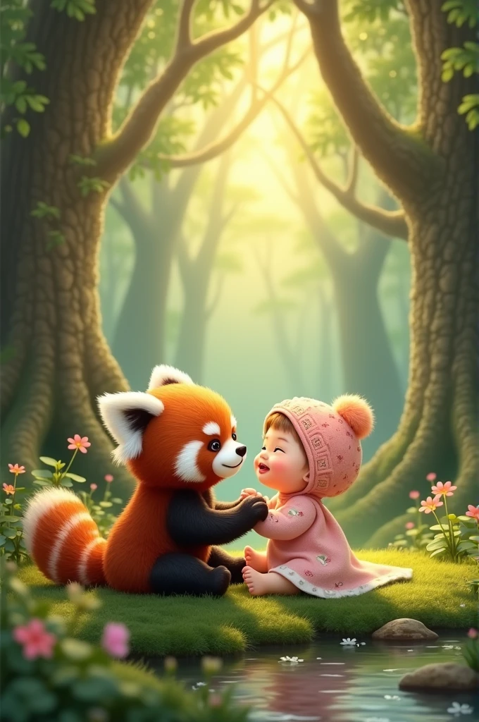 A chubby Red Panda and a chubby fat Baby "A hyper-realistic digital rendering of a big chubby red panda beside a cute big chubby baby girl, wearing a pastel-colored outfit with little animal patterns. The red panda, has plush, reddish-brown fur and a bushy striped tail. They’re seated on a soft patch of moss within an ancient forest, surrounded by towering trees, delicate wildflowers, and a small, glistening stream nearby. Sunlight peeks through the tree branches, casting a warm, dappled glow on their playful interaction. This magical combination of realism and imaginative proportions creates a serene and heartwarming moment between a baby and a red panda."