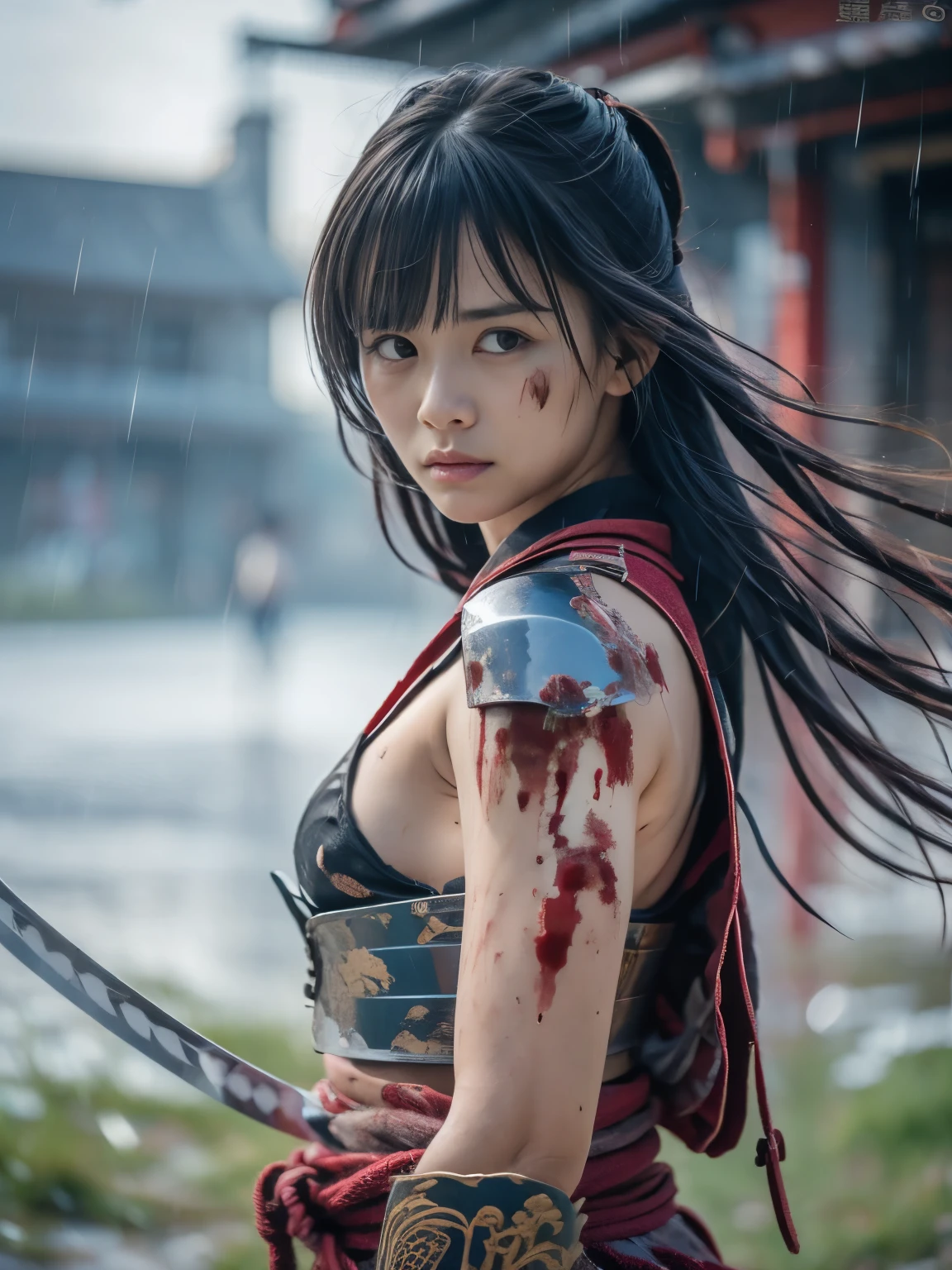 (Close up portrait of one slender small breasts two side up black medium hair with bangs girl in a black colored dirty bloody armor warrior as samurai in Japan at raining:1.5)、(One girl hold Japanese traditional white blade sword on hand under the raining sky on the grassland in old Japan with crying dirty bloody face:1.5)、(Heavy raining dark sky:1.5)、(blurred background:1.5)、(Natural light:1.5)、(8k ultra detailed master piece:1.5)、(perfect anatomy:1.5)、(Photorealistic stick:1.5)、(Raw photo:1.3)、(highest quality:1.5)、(High resolution:1.3)、(Delicate and beautiful perfect face:1.3)、(Delicate and beautiful eye air skin:1.3)、(Real Human Skin:1.3)、((thin legs))