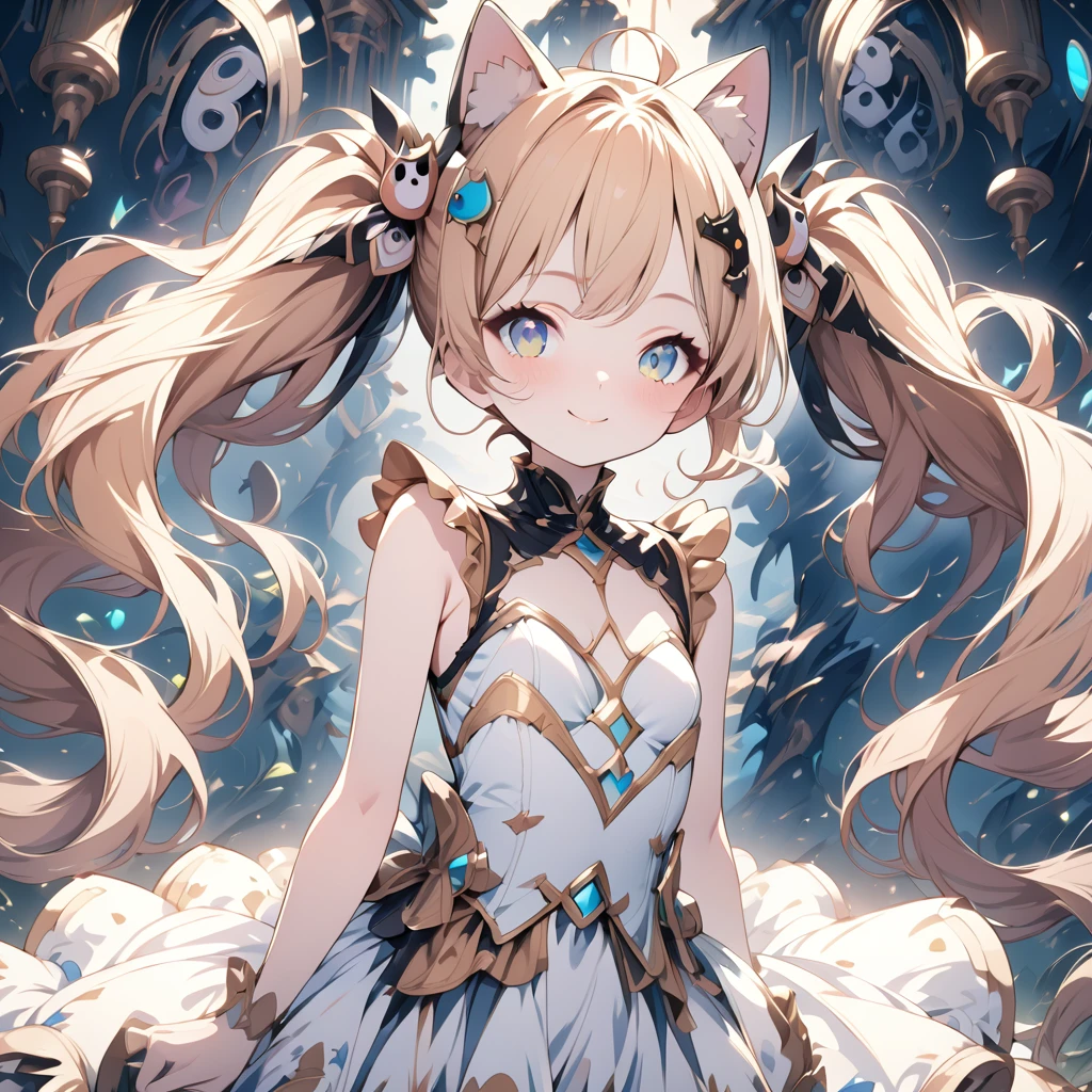 Absurd,anime,Detailed and beautiful eyes,(art),(artistic clothing:1.5),Cat costume, sleeveless,Blonde, twin tails,smile,(a girl:1.5),from the waist up,(small breasts:1.2),(small chest:1.2),mysterious,Hello,(Large detailed hair ornament:1.2),(look away:1.5),detailed clothes,Flashy Moves,Mechanical,masterpiece, moe kawaii,abyss,luster,lame,(ultra detailed:1.2), ((highest quality)) ,Extremely Delicately Beautiful ,64k