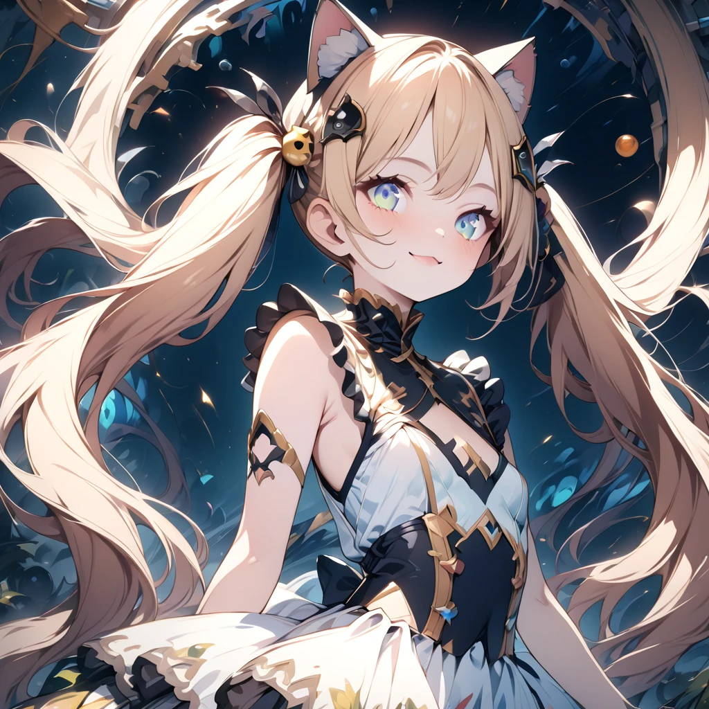 Absurd,anime,Detailed and beautiful eyes,(art),(artistic clothing:1.5),Cat costume, sleeveless,Blonde, twin tails,smile,(a girl:1.5),from the waist up,(small breasts:1.2),(small chest:1.2),mysterious,Hello,(Large detailed hair ornament:1.2),(look away:1.5),detailed clothes,Flashy Moves,Mechanical,masterpiece, moe kawaii,abyss,luster,lame,(ultra detailed:1.2), ((highest quality)) ,Extremely Delicately Beautiful ,64k