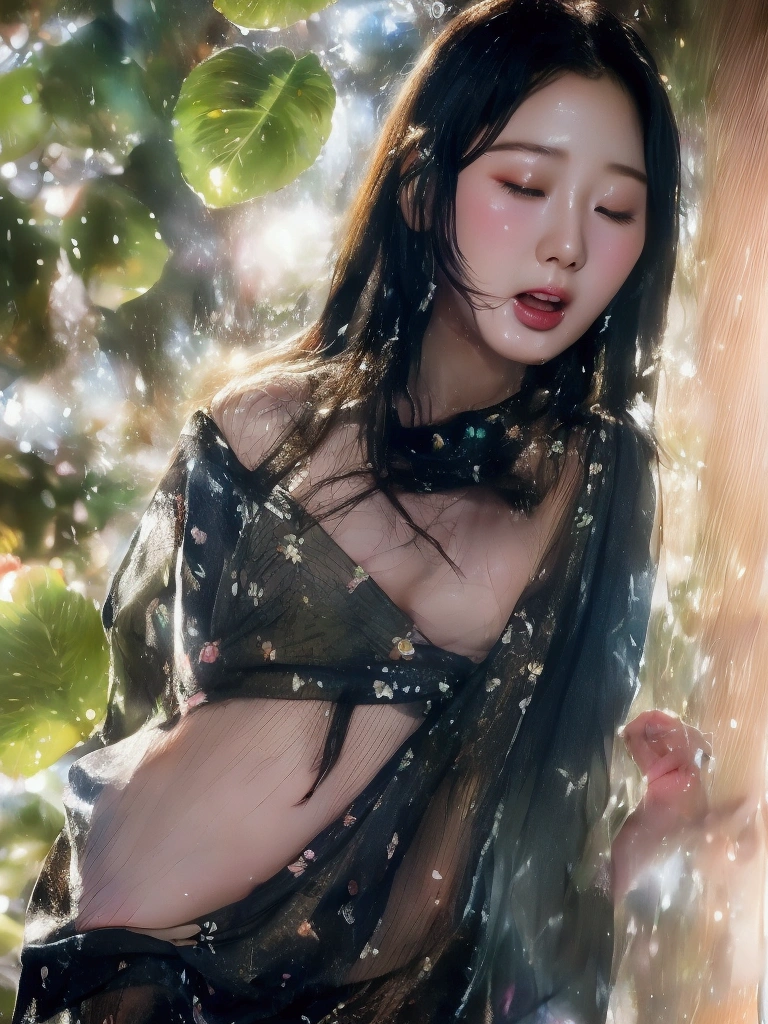 Beautiful Korean woman,black hair,20 years old,in hot tropical spring,wearing see-through wet sarong dress,magical,ethereal,NSFW,climax,arousing,sexy,slightly opened mouth,half closed eyes,highest quality,detailed,masterpiece,close up face