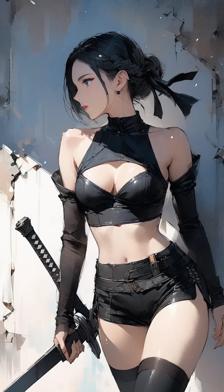 (8k, Mejor calidad, obra maestra:1.2), (fotorrealista:1.4), foto cruda, Mejor calidad, ultra high resolution, mejor sombra, (cuerpo completo:1.4), Una hembra de pelo corto, Armadura japonesa, Espada Samurai, Entorno impresionante a escala masiva, horror, horror oscuro, rasgos faciales muy detallados, Cara hermosa e impecable, ojos perfectos