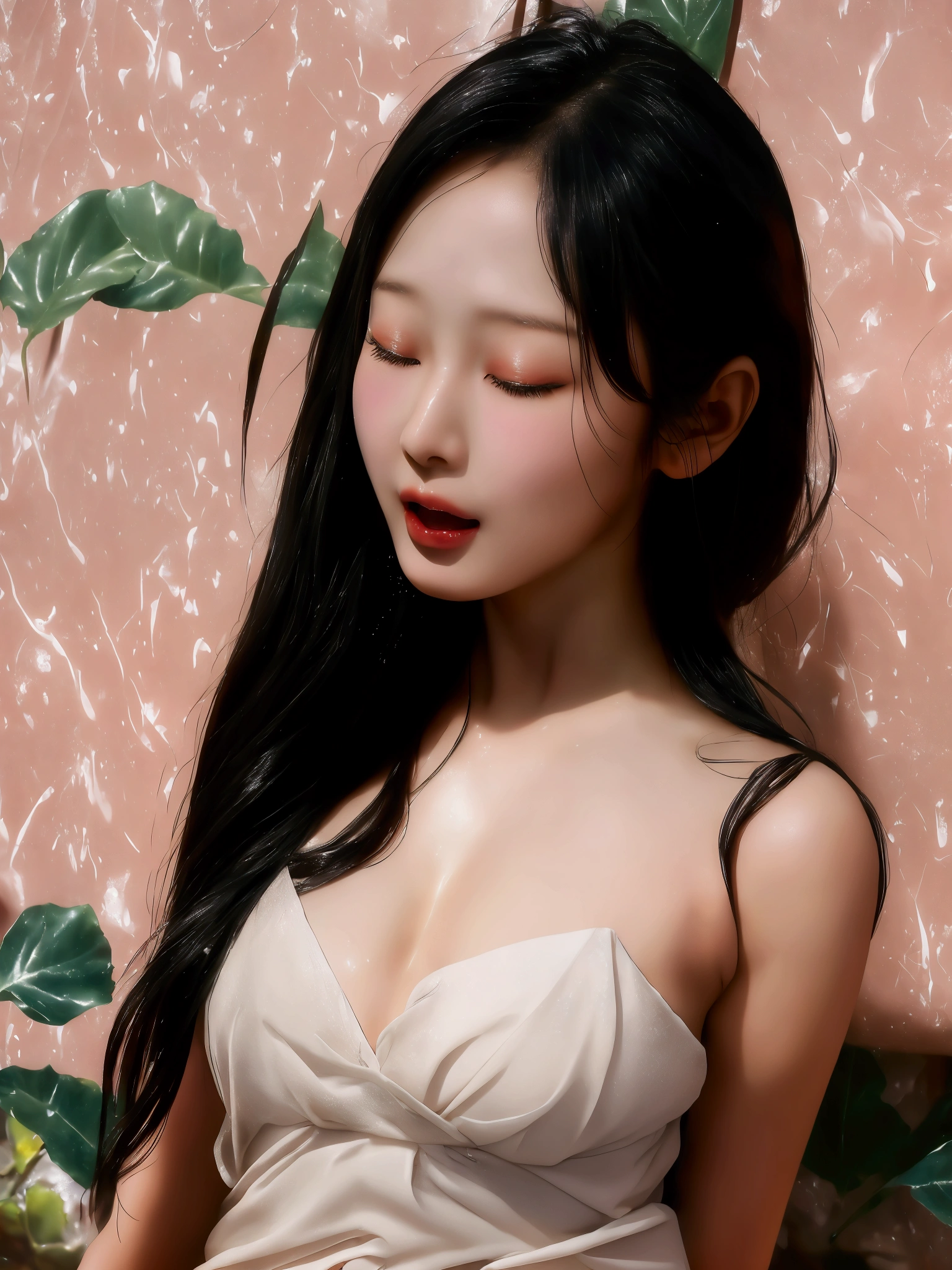 Beautiful Korean woman,black hair,20 years old,in hot tropical spring,wearing see-through wet sarong dress,magical,ethereal,NSFW,climax,arousing,sexy,slightly opened mouth,half closed eyes,highest quality,detailed,masterpiece,close up face