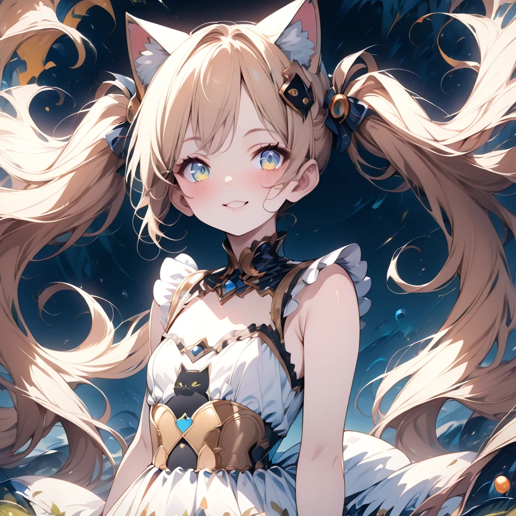 Absurd,anime,Detailed and beautiful eyes,(art),(artistic clothing:1.5),Cat costume, sleeveless,Blonde, twin tails,smile,(a girl:1.5),from the waist up,(small breasts:1.2),(small chest:1.2),mysterious,Hello,(Large detailed hair ornament:1.2),(look away:1.5),detailed clothes,Flashy Moves,Mechanical,masterpiece, moe kawaii,abyss,luster,lame,(ultra detailed:1.2), ((highest quality)) ,Extremely Delicately Beautiful ,64k