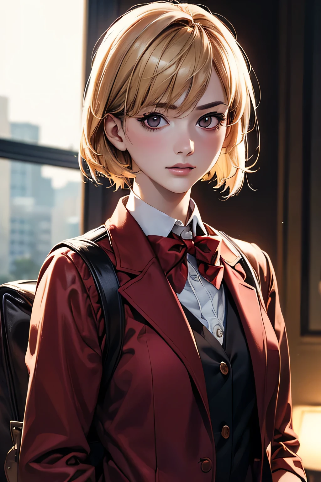 (masterpiece:1.2, top-quality), (realistic, photorealistic:1.4), beautiful illustration, (natural side lighting, movie lighting), 16k, very detailed, detailed background, detailed eyes, perfect fingers, sharp focus, incredibly absurdres, highres, texture, clear detail, extremely detailed, cinematic lighting, best quality, the most beautiful woman in the world, short bob blonde hair, glossy hair, red ribbon on her left side, school uniform, closed red blazer, classic style with red shirt and plaid skirt, formal look, red bow tie, (brown square back pack),