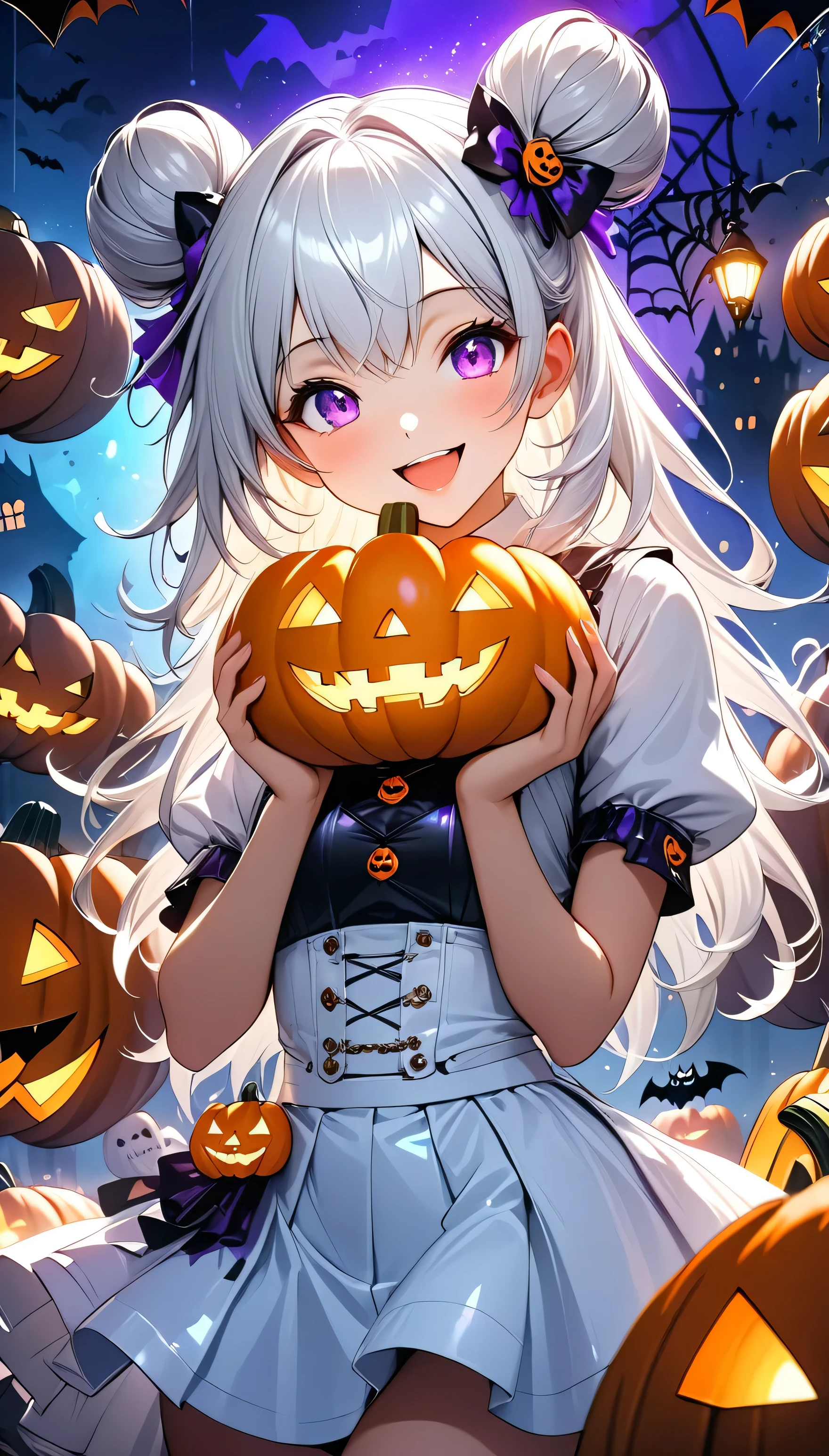 (((happy smile))),(beautiful girl:1.3),masterpiece,Please redeem,Ultra-high resolution,rich contrast,Very high quality,8k,Highly detailed CG unit wallpaper,Texture,So ridiculous,RAW Photos,Highest quality anime,Depth of written boundary 1.2,ultra-detailed eyes,Glowing Skin,Glitter Effect,Beautiful glossy lips,(double pumpkinbuns,Silver-white hair),( Halloween ), looks like he's about 18 years old,ROUGH,(The tip of the skirt is equipped with a round light that emits yellow light).big and round butt,girl Alone, fantastic,SDXL, I open my mouth wide,Violet eyes