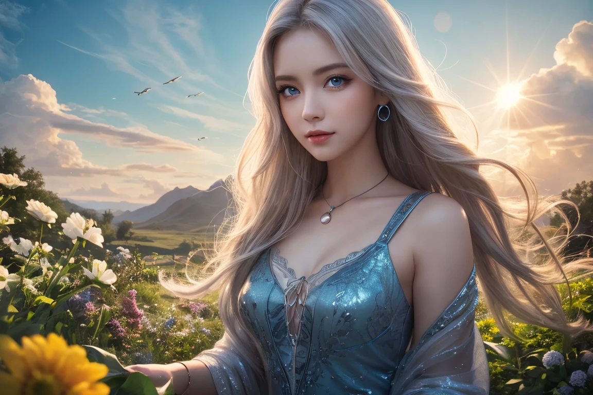Create an image of a woman in blue dress standing