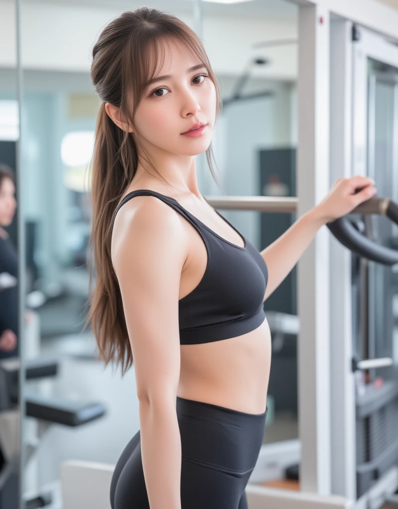 1girl, 25years old woman, (perfectly detailed face), ((looking at viewer)), ((White skin)), (bright lighting:1.2), perfect lighting, Cleavage, ((slim body)), ((Healthy and slim body)), CUL0TT3S, ((Fits snugly against the body wearing a sports bra and leggings)), Training Gym, Exercise at the gym, ((I can see her firm butt)), Stretching while showing off her ass, dynamic, photorealistic, (bokeh), UHD, anatomically correct, masterpiece, highres