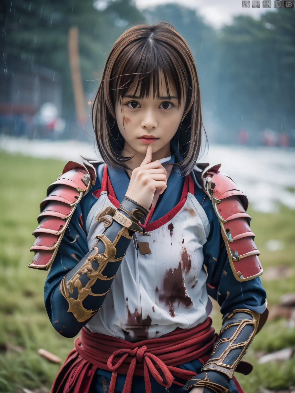 (Close up portrait of one slender small breasts round face brown short hair with bangs girl in a green colored dirty bloody armor warrior as samurai in Japan at raining:1.5)、(One girl hold Japanese traditional white blade sword on hand under the raining sky on the grassland in old Japan with crying dirty bloody face:1.5)、(Heavy raining dark sky:1.5)、(blurred background:1.5)、(Natural light:1.5)、(8k ultra detailed master piece:1.5)、(perfect anatomy:1.5)、(Photorealistic stick:1.5)、(Raw photo:1.3)、(highest quality:1.5)、(High resolution:1.3)、(Delicate and beautiful perfect face:1.3)、(Delicate and beautiful eye air skin:1.3)、(Real Human Skin:1.3)、((thin legs))
