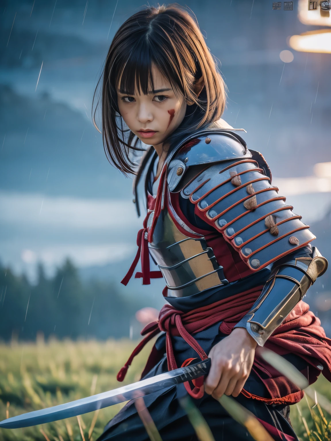 (Close up portrait of one slender small breasts round face brown short hair with bangs girl in a green colored dirty bloody armor warrior as samurai in Japan at raining:1.5)、(One girl hold Japanese traditional white blade sword on hand under the raining sky on the grassland in old Japan with crying dirty bloody face:1.5)、(Heavy raining dark sky:1.5)、(blurred background:1.5)、(Natural light:1.5)、(8k ultra detailed master piece:1.5)、(perfect anatomy:1.5)、(Photorealistic stick:1.5)、(Raw photo:1.3)、(highest quality:1.5)、(High resolution:1.3)、(Delicate and beautiful perfect face:1.3)、(Delicate and beautiful eye air skin:1.3)、(Real Human Skin:1.3)、((thin legs))