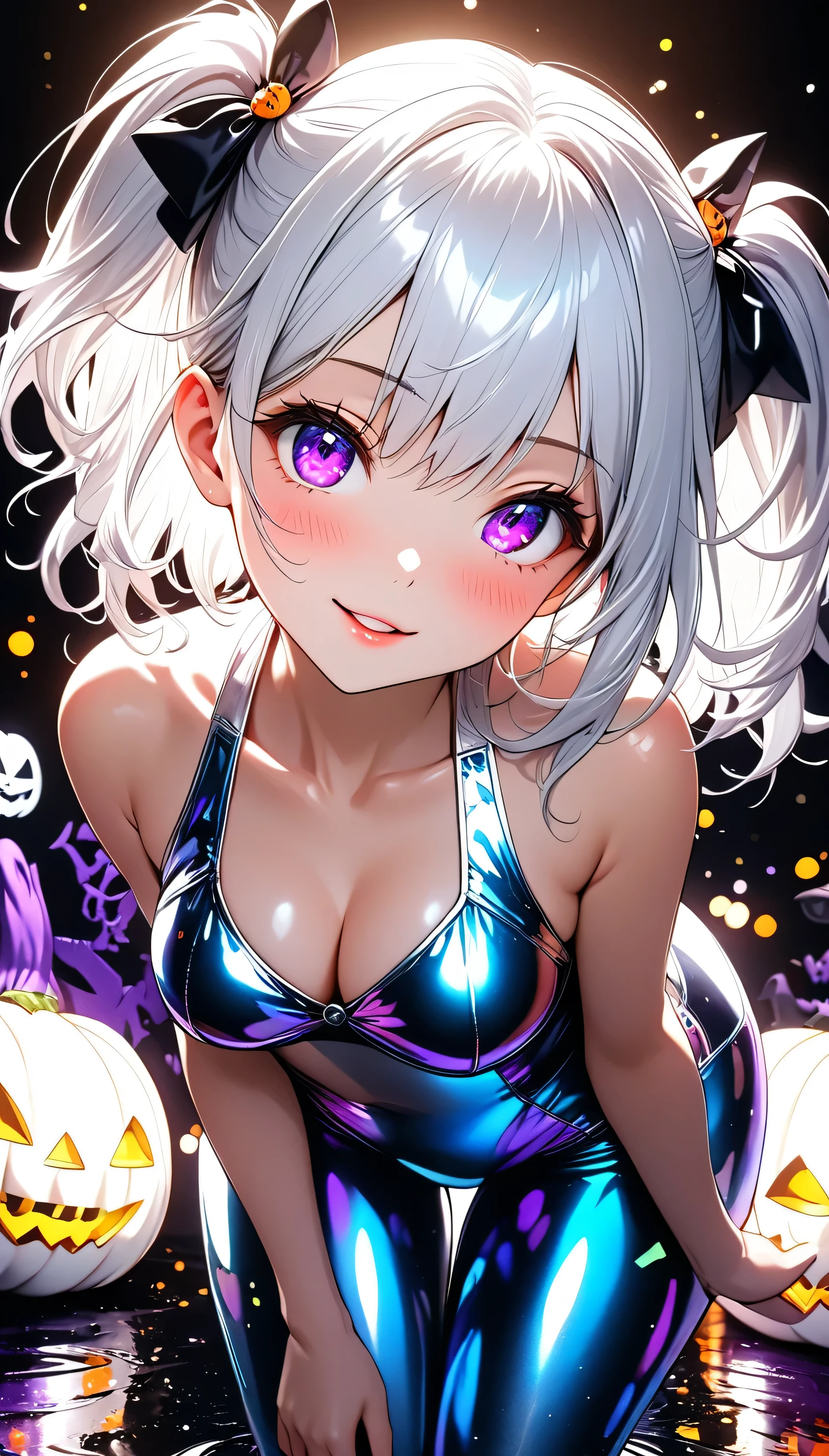 (((Shiny metallic swimsuit))),(Rear View:1.3)(beautiful girl:1.3),masterpiece,Please redeem,Ultra-high resolution,rich contrast,Very high quality,8k,Highly detailed CG unit wallpaper,Texture,So ridiculous,RAW Photos,Highest quality anime,Depth of written boundary 1.2,ultra-detailed eyes,Glowing Skin,Glitter Effect,Beautiful glossy lips,(two side up,Silver-white hair),( Halloween ),I look like I'm about 18 years old,ROUGH,(The tip of the skirt is equipped with a round light that emits yellow light),(((big and round butt))),girl　Alone, fantastic,SDXL,Violet eyes,A light smile,Embarrassing,blush,Leaning forward,Looking up,Tilt your head,