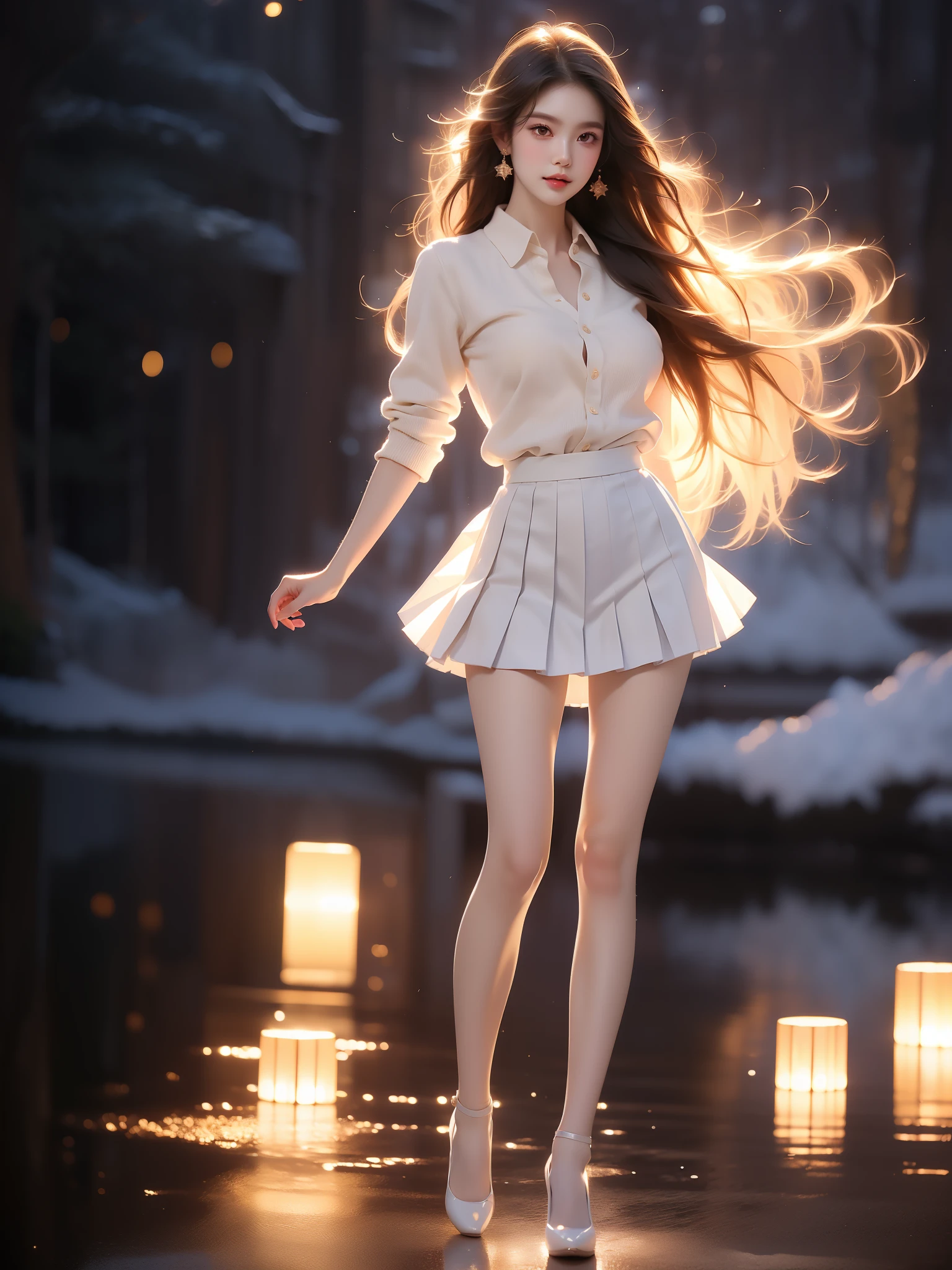 tokiwadai school uniform, ((full body)), (Asian beauty: 1.3), girl, solo, ((Pleated skirt, very short hemline)), (toned body: 1.2), (naturally large breasts: 1.1), (visible cleavage: 0.8), (smooth flawless skin: 1.2), (perfect anatomical proportions: 1.3), (anatomically correct legs: 1.3), (elegantly long legs: 1.3), 1.1) Hands gently lift the skirt, (detailed features: 1.2), (big bright eyes: 1.1), (long eyelashes: 1.1), charming smile, gentle and confident expression, Head slightly tilted, long flowing hair, (night scene: 1.1), (starry sky: 1.0), (space background: 0.9), (professional soft light: 1.2), (warm tone: 1.1), (Masterpiece: 1.4), (Super Detail: 1.3), (Sharp focus: 1.2), (Realistic: 1.2), (Hi-Fi: 1.1)