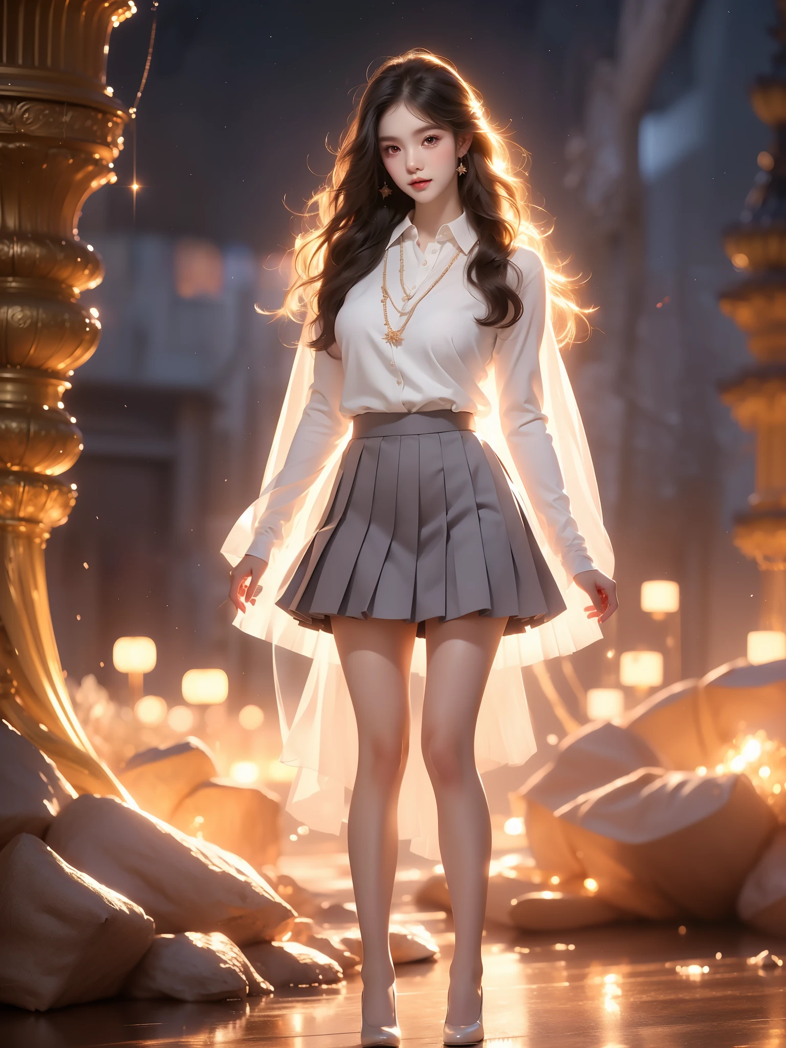 tokiwadai school uniform, ((full body)), (Asian beauty: 1.3), girl, solo, ((Pleated skirt, very short hemline)), (toned body: 1.2), (naturally large breasts: 1.1), (visible cleavage: 0.8), (smooth flawless skin: 1.2), (perfect anatomical proportions: 1.3), (anatomically correct legs: 1.3), (elegantly long legs: 1.3), 1.1) Hands gently lift the skirt, (detailed features: 1.2), (big bright eyes: 1.1), (long eyelashes: 1.1), charming smile, gentle and confident expression, Head slightly tilted, long flowing hair, (night scene: 1.1), (starry sky: 1.0), (space background: 0.9), (professional soft light: 1.2), (warm tone: 1.1), (Masterpiece: 1.4), (Super Detail: 1.3), (Sharp focus: 1.2), (Realistic: 1.2), (Hi-Fi: 1.1)