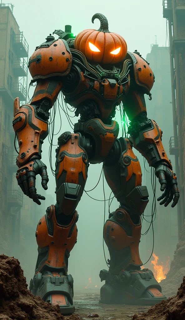  Mecha Like Pumpkin Head  glowing eyes, Pose, Orange and Black Line Armor, Front Pack  , Bomber,  green Static Shock in gigantic hand,  絡まる　枯れた蔦　on full body, ゴブリン ネックレス, cyberpunk Tech Helmet, technology， surreal, Inside the factory,   Melted Metal in High Heat ,