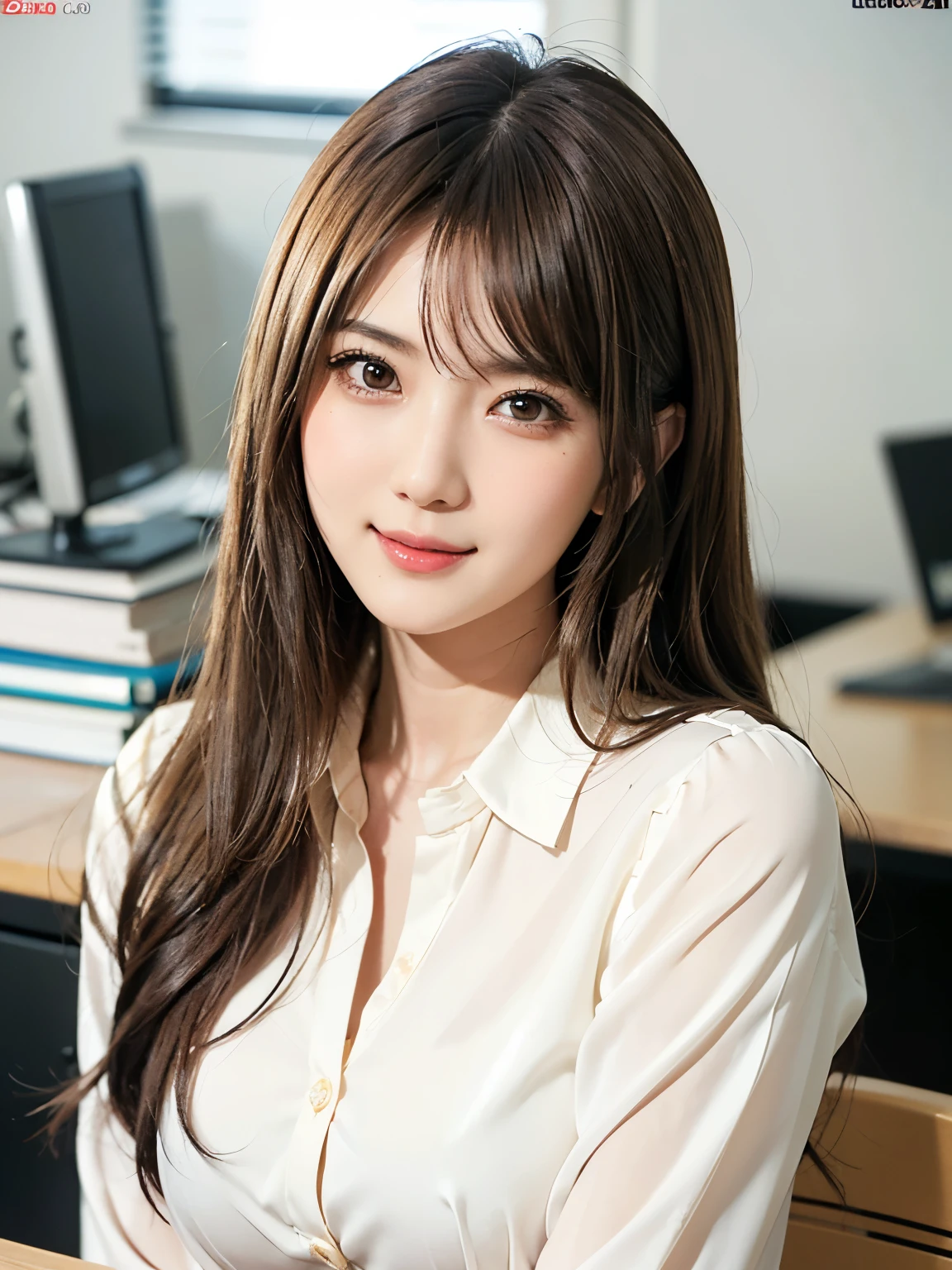 (超 Kampala,4K, very detailed ,  PHOTO VOLUME UNVOLUME , 8k,  Kampala,  Kampala,  absurd with 22 people:1.2),23 year old Japanese woman,teacher, Beautiful Character Designs , beautiful detailed depiction of eyes, perfect face, Expressive eyes , Brown Eyes ,Natural smile, white blouse,At the office,Daytime,(face:1.0)