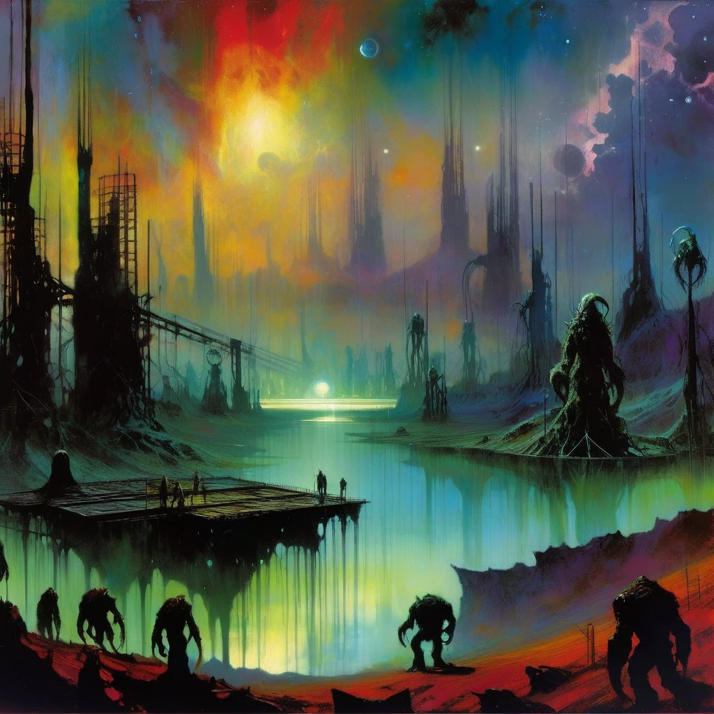 large landscape, dead world theme, polluted world, destroyed city, no vegetation, polluted water, dark world, spectacular otherworldly sky, mutant monsters on stage (art inspired by Bill Sienkiewicz). oil painting)