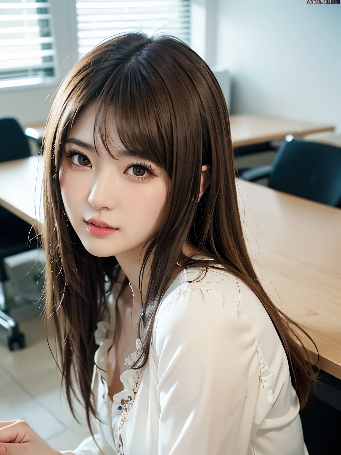 (超 Kampala,4K, very detailed ,  PHOTO VOLUME UNVOLUME , 8k,  Kampala,  Kampala,  absurd with 22 people:1.2),23 year old Japanese woman,teacher, Beautiful Character Designs , beautiful detailed depiction of eyes, perfect face, Expressive eyes , Brown Eyes , white blouse, in an empty office ,Daytime,(face:1.0)