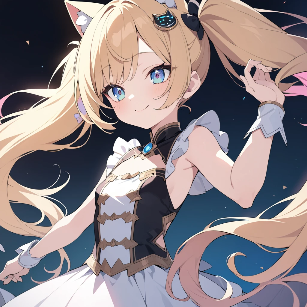 Absurd,anime,Detailed and beautiful eyes,(art),(artistic clothing:1.5),Cat costume,ハートサイン,sleeveless,Blonde, twin tails,smile,(a girl:1.5),from the waist up,(small breasts:1.2),(small chest:1.2),mysterious,Hello,(Large detailed hair ornament:1.2),(look away:1.5),detailed clothes,Flashy Moves,Mechanical,masterpiece, moe kawaii,abyss,luster,lame,(ultra detailed:1.2), ((highest quality)) ,Extremely Delicately Beautiful ,64k