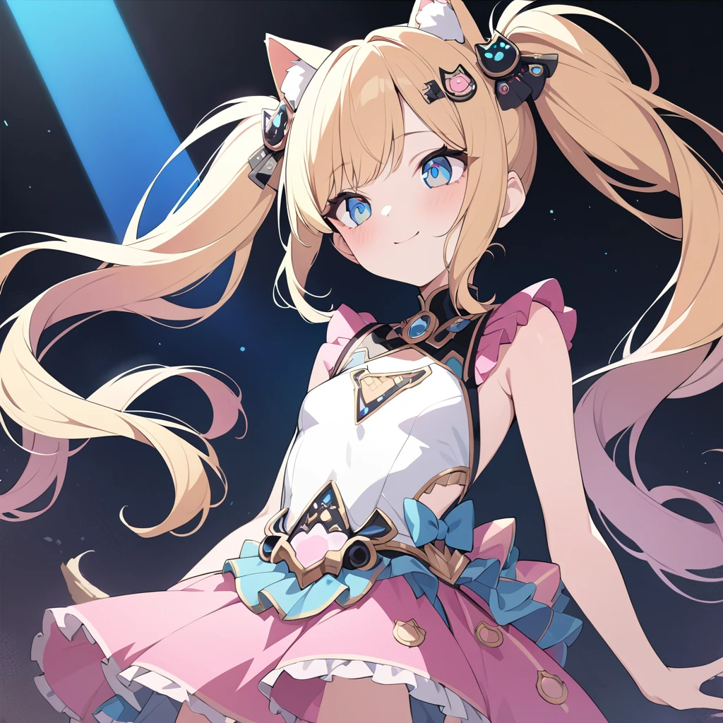 Absurd,anime,Detailed and beautiful eyes,(art),(artistic clothing:1.5),Cat costume,ハートサイン,sleeveless,Blonde, twin tails,smile,(a girl:1.5),from the waist up,(small breasts:1.2),(small chest:1.2),mysterious,Hello,(Large detailed hair ornament:1.2),(look away:1.5),detailed clothes,Flashy Moves,Mechanical,masterpiece, moe kawaii,abyss,luster,lame,(ultra detailed:1.2), ((highest quality)) ,Extremely Delicately Beautiful ,64k