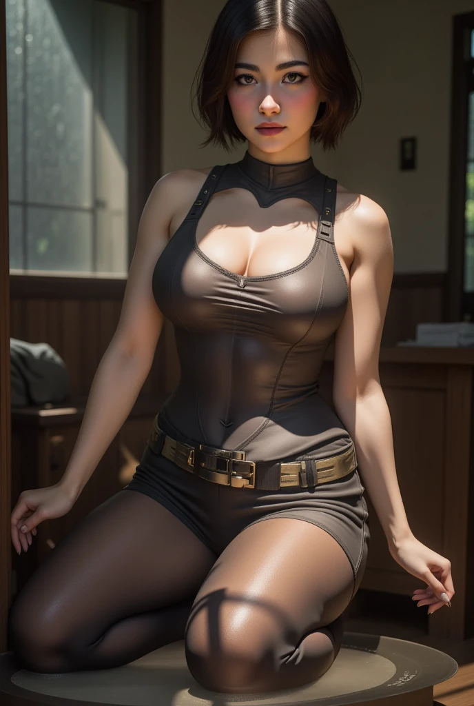 Elisa as a Metal Gear Solid character, thick stockings,  thin waist, enormous waist,  small waist ,  cinematographic , naked breasts 