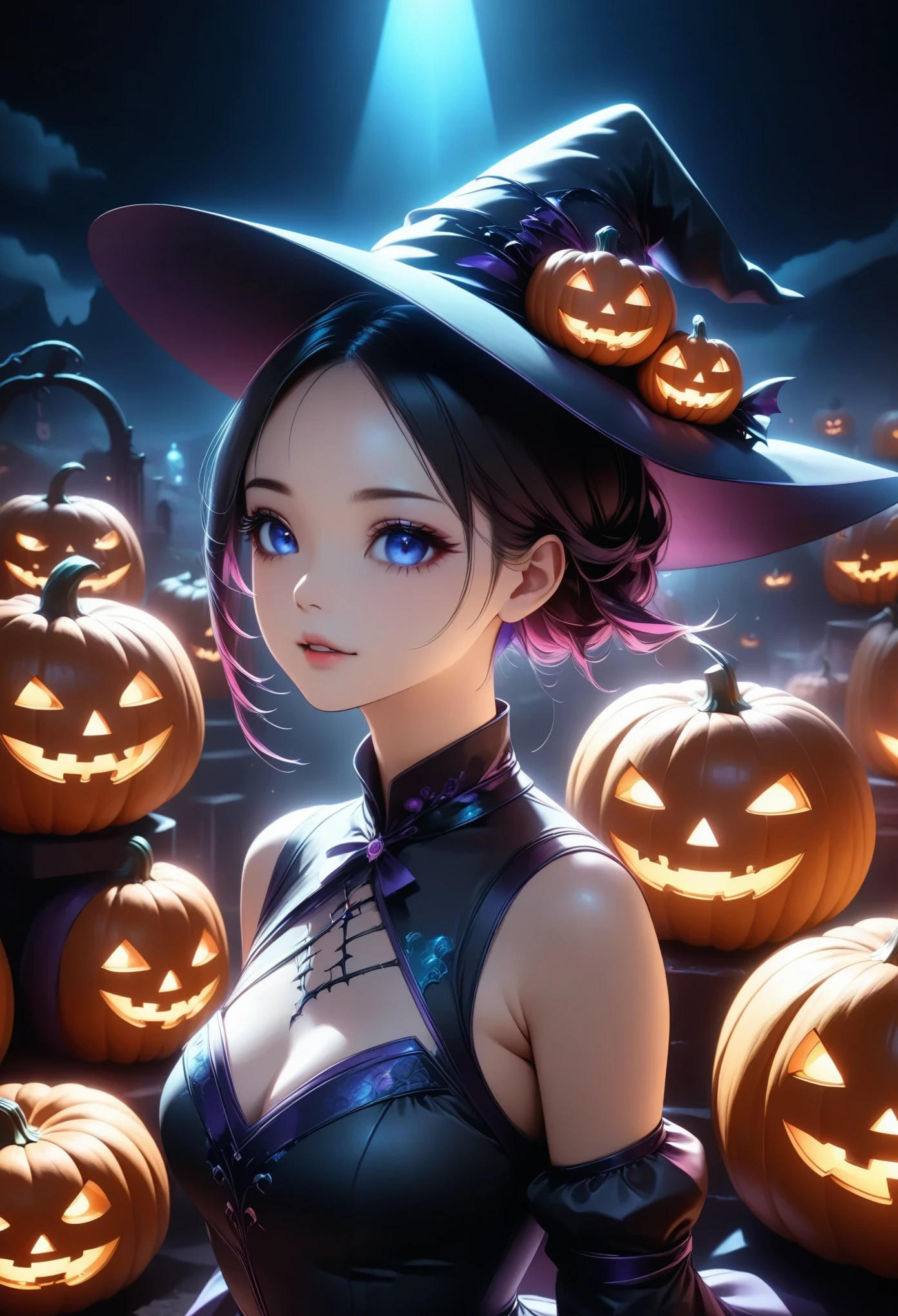  Halloween pumpkins 、 dark fantasy₋ハロウィンアート、 Halloween Party、Dramatic lighting、Moody Movie 、 complicated details、Film composition、暗くて不機嫌なatmosphere、 Dramatic Light and Dark Lighting 、(Best Quality:1.2、 very detailed 、 super high resolution 、 high contrast、 anime style、 Detailed CG Illustrations 、masterpiece:1.2、Best aesthetics)、 Neon Effect:1.2、 dark fantasy、Cinematic、dramatic、atmosphere、dark、Gothic、Functional、魅惑的、 dynamic 、Powerful、strong、Impression