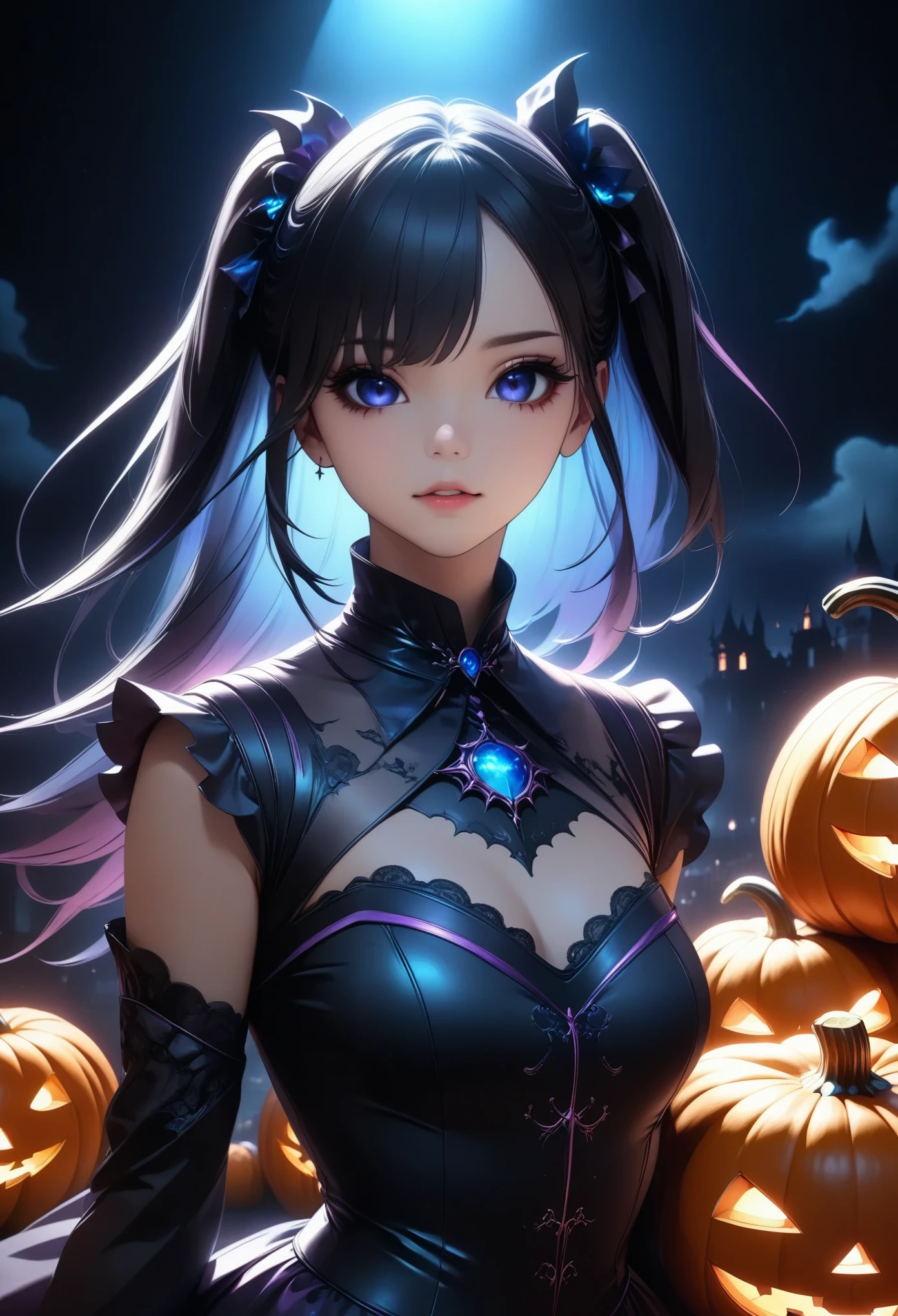  Halloween pumpkins 、 dark fantasy₋ハロウィンアート、 Halloween Party、Dramatic lighting、Moody Movie 、 complicated details、Film composition、暗くて不機嫌なatmosphere、 Dramatic Light and Dark Lighting 、(Best Quality:1.2、 very detailed 、 super high resolution 、 high contrast、 anime style、 Detailed CG Illustrations 、masterpiece:1.2、Best aesthetics)、 Neon Effect:1.2、 dark fantasy、Cinematic、dramatic、atmosphere、dark、Gothic、Functional、魅惑的、 dynamic 、Powerful、strong、Impression