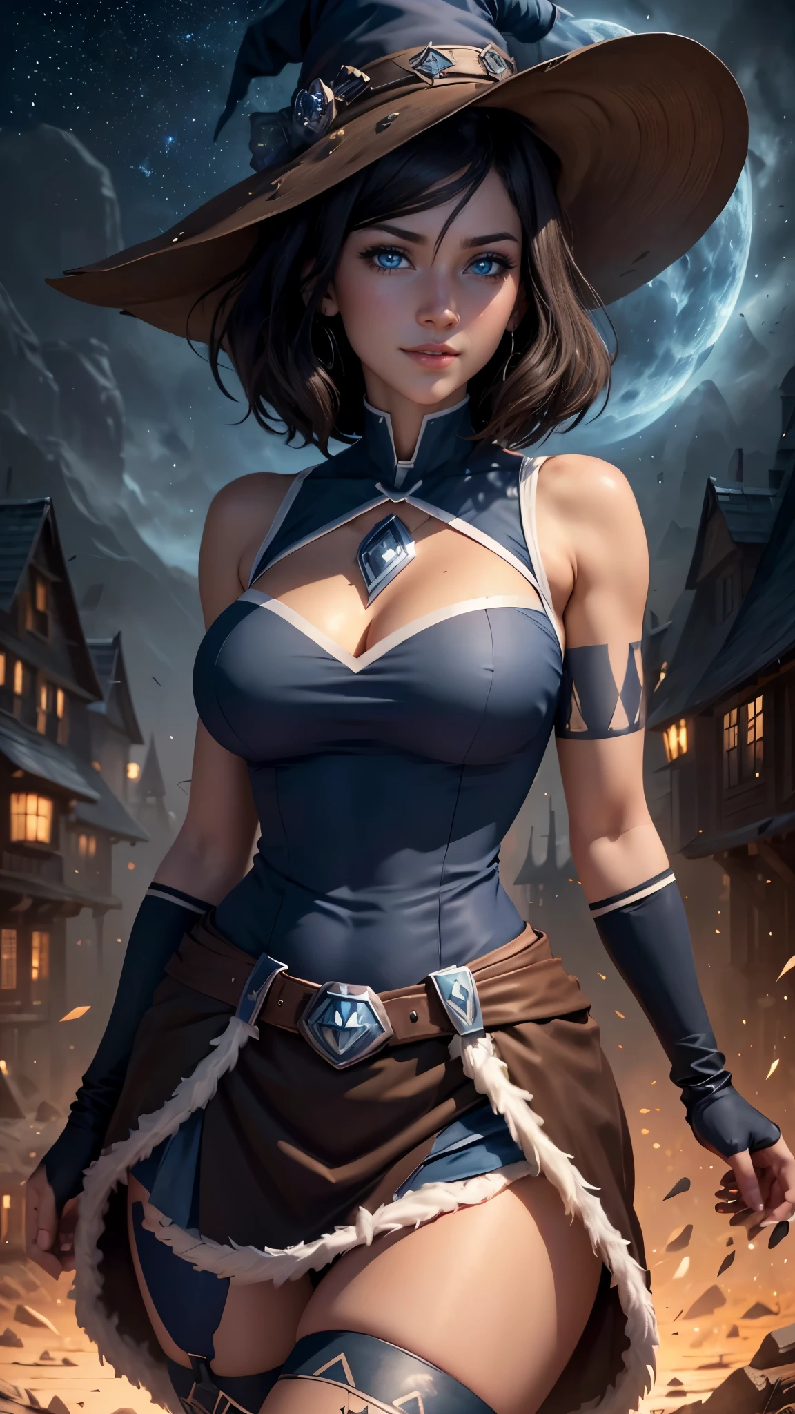 Korra da avatar,(best quality, 4K,8k,high resolution,work of art:1.2)(weather: moonlight), Halloween village background, pumpkin patch, wide hips, short curly hair, brown hair, freckles, dark magician girl dress, dark magician girl belt, witch stockings, dark magician girl boots, elbow long gloves, garter belt, witch hat, light makeup, dark eyeshadow, blush, sexy pose, glowing eyes, ultra detailed,portrait,realistic,beautiful detailed blue eyes, beautiful detailed lips,extremely detailed eye and face, long eyelashes,average, large breasts,flying hair,beaming smile, sexy smile, powerful girl, bright coloured, dramatic lighting, starry sky, magic sparkles,