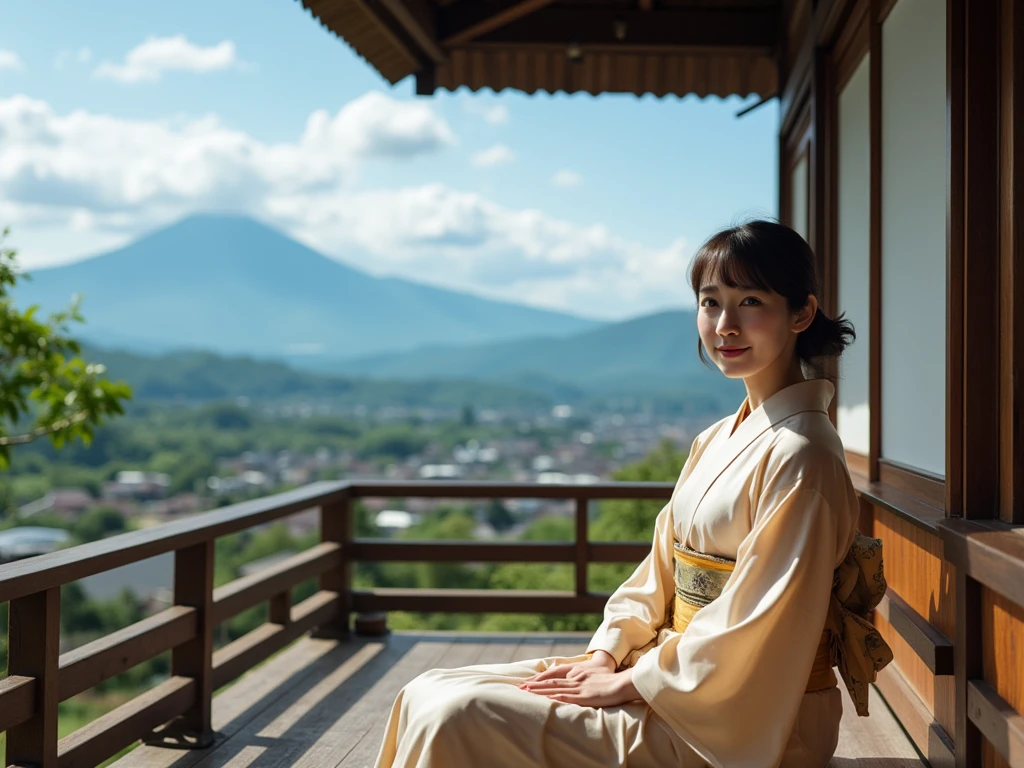 The image of a young asian woman smiling and sitting on a wooden corridor on a balcony. She is wearing a elegant yukata . Her hair is styled in loose waves and she has a serious expression on her face. The balcony has a wooden structure with a sloping roof and a wooden door on the right side. The view from the balcony is of a small village with a mountain range in the background. The village is surrounded by greenery and there are a large number of houses and buildings visible in the distance. The sky is blue with white clouds. The overall mood of the image is peaceful and serene.the image is highly realistic and cinematic. all elements of the image is precisely depicted and the lighting is extremly realistic.