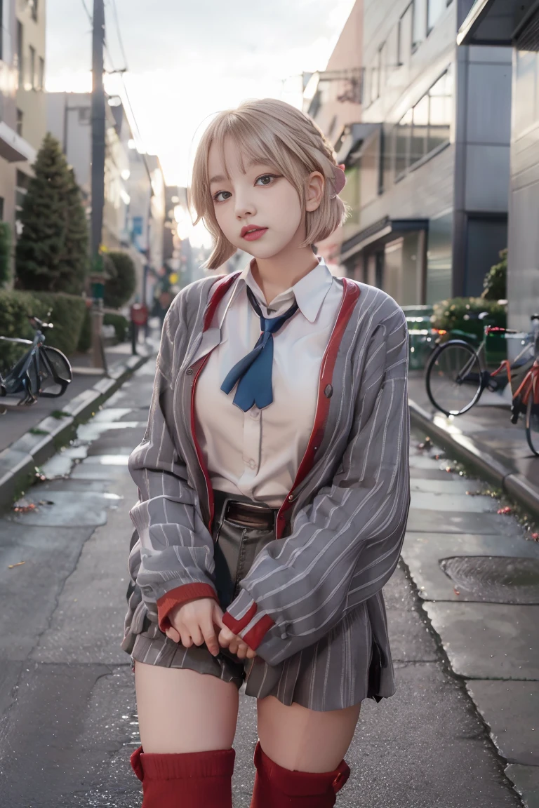 (((nsfw,best quality,4k))),1girl,grey vertical stripes buttons,(((bottomless))),red socks,loafers,red beret,blue bolo tie,blonde hair,very short hair,side parting,street