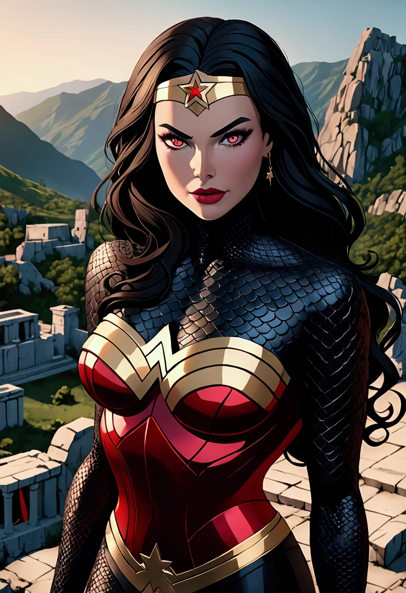 8k portrait (full body), photo realistic, realistic skin texture, super realistic illustration of Wonder Woman's evil alter ego dressed in a Bodysuit (black with bright red details), wavy black hair, highly detailed, evil and vile appearance, menacing and bloodthirsty, smiling wickedly, vibrant appearance, creative behavior, extremely detailed, imaginative, spontaneous, highest quality, skin texture, intricate details (cinematic lighting). Her skin is covered in skin-colored snake scales, female fitness muscles, perfect belly, slim waist, wide hips. Portrait, B&W outline, elegant, glamorous, reflection, glow, shading, RAW photo, 8k, masterpiece, best quality, ultra detailed, very detailed illustrations, extremely detailed, intricate details, high resolution, super complex details, extremely detailed 8k cg wallpaper. Scenery: Greek mountains with ruins in the background.