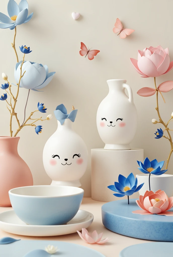 cute background , pottery with cute faces,  smooth pottery with cute faces