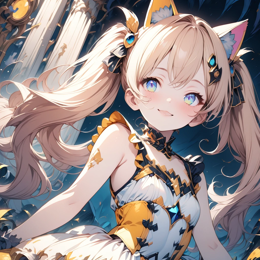 Absurd,anime,Detailed and beautiful eyes,(art),(artistic clothing:1.5),Cat costume,ハートサイン,sleeveless,Blonde, twin tails,smile,(a girl:1.5),from the waist up,(small breasts:1.2),(small chest:1.2),mysterious,Hello,(Large detailed hair ornament:1.2),(look away:1.5),detailed clothes,Flashy Moves,Mechanical,masterpiece, moe kawaii,abyss,luster,lame,(ultra detailed:1.2), ((highest quality)) ,Extremely Delicately Beautiful ,64k