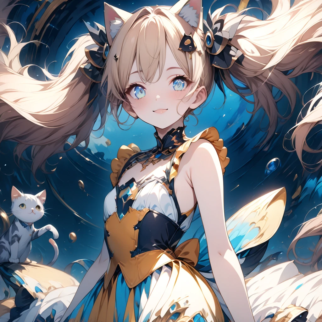 Absurd,anime,Detailed and beautiful eyes,(art),(artistic clothing:1.5),Cat costume,ハートサイン,sleeveless,Blonde, twin tails,smile,(a girl:1.5),from the waist up,(small breasts:1.2),(small chest:1.2),mysterious,Hello,(Large detailed hair ornament:1.2),(look away:1.5),detailed clothes,Flashy Moves,Mechanical,masterpiece, moe kawaii,abyss,luster,lame,(ultra detailed:1.2), ((highest quality)) ,Extremely Delicately Beautiful ,64k