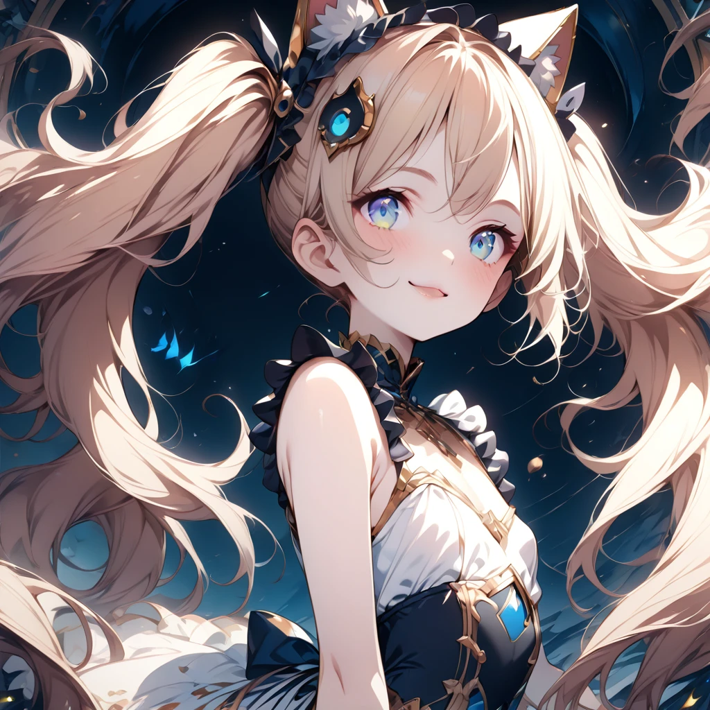 Absurd,anime,Detailed and beautiful eyes,(art),(artistic clothing:1.5),Cat costume,ハートサイン,sleeveless,Blonde, twin tails,smile,(a girl:1.5),from the waist up,(small breasts:1.2),(small chest:1.2),mysterious,Hello,(Large detailed hair ornament:1.2),(look away:1.5),detailed clothes,Flashy Moves,Mechanical,masterpiece, moe kawaii,abyss,luster,lame,(ultra detailed:1.2), ((highest quality)) ,Extremely Delicately Beautiful ,64k