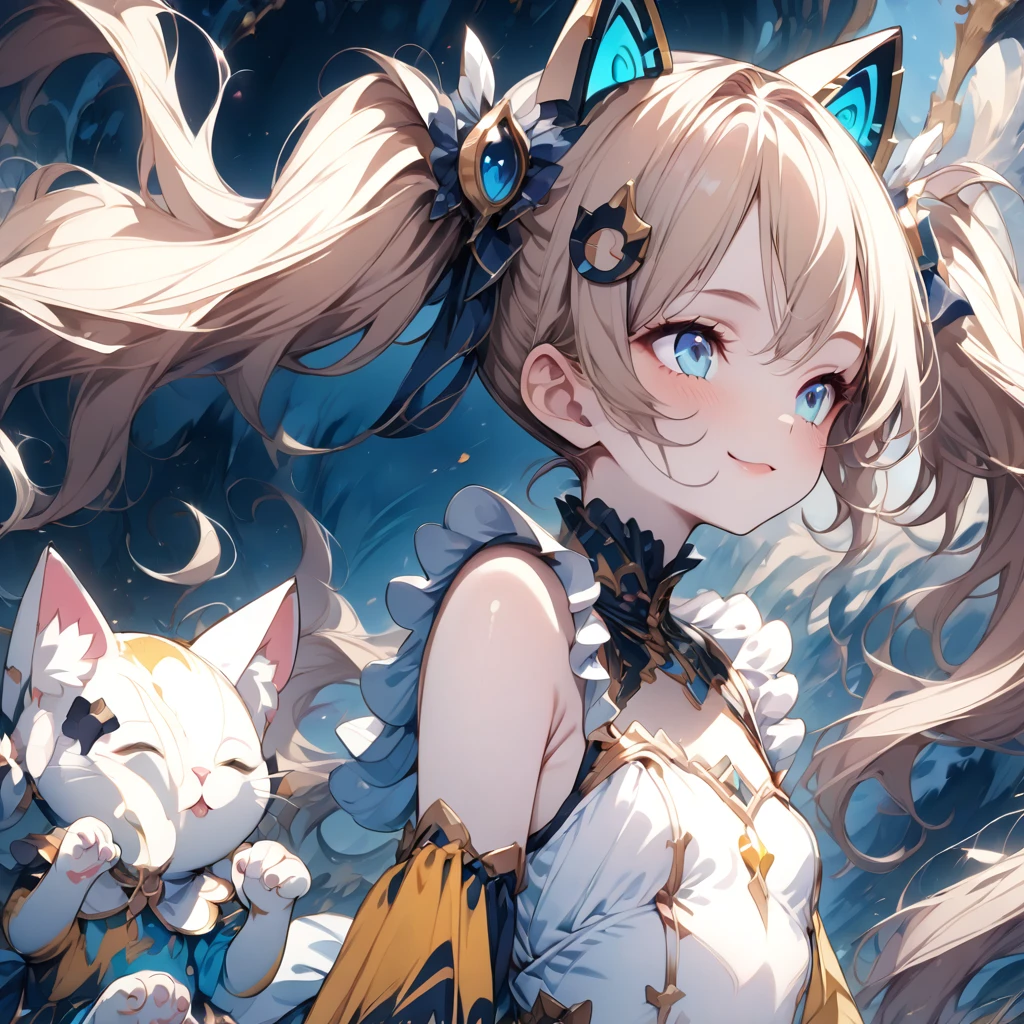 Absurd,anime,Detailed and beautiful eyes,(art),(artistic clothing:1.5),Cat costume,ハートサイン,sleeveless,Blonde, twin tails,smile,(a girl:1.5),from the waist up,(small breasts:1.2),(small chest:1.2),mysterious,Hello,(Large detailed hair ornament:1.2),(look away:1.5),detailed clothes,Flashy Moves,Mechanical,masterpiece, moe kawaii,abyss,luster,lame,(ultra detailed:1.2), ((highest quality)) ,Extremely Delicately Beautiful ,64k