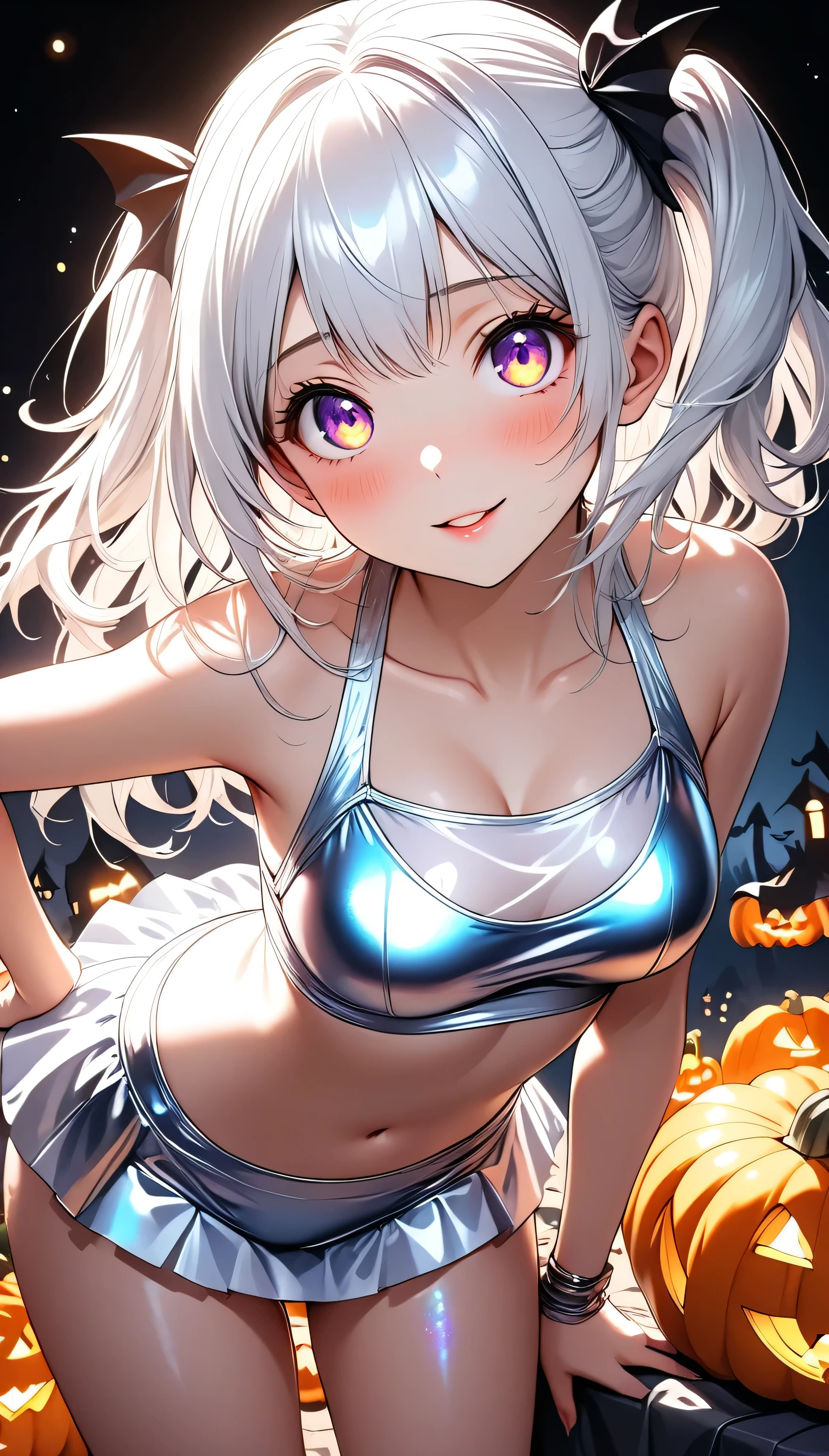 (((Shiny metallic transparent white two-piece swimsuit,The chest part is pumpkin-shaped))),(beautiful girl:1.3),masterpiece,Please redeem,Ultra-high resolution,rich contrast,Very high quality,8k,Highly detailed CG unit wallpaper,Texture,So ridiculous,RAW Photos,Highest quality anime,Depth of written boundary 1.2,ultra-detailed eyes,Glowing Skin,Glitter Effect,Beautiful glossy lips,(two side up,Silver-white hair),( Halloween ),I look like I'm about 18 years old,ROUGH,(The tip of the skirt is equipped with a round light that emits yellow light),(((big and round butt))),girl　Alone, fantastic,SDXL,Violet eyes,A light smile,Embarrassing,blush,Leaning forward,Looking up,Tilt your head,