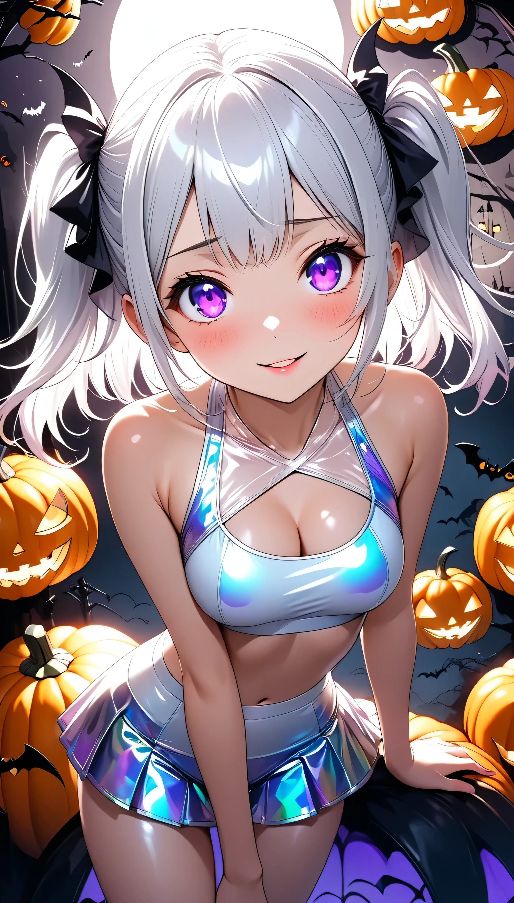 (((Shiny metallic transparent white two-piece swimsuit,The chest part is pumpkin-shaped))),(beautiful girl:1.3),masterpiece,Please redeem,Ultra-high resolution,rich contrast,Very high quality,8k,Highly detailed CG unit wallpaper,Texture,So ridiculous,RAW Photos,Highest quality anime,Depth of written boundary 1.2,ultra-detailed eyes,Glowing Skin,Glitter Effect,Beautiful glossy lips,(two side up,Silver-white hair),( Halloween ),I look like I'm about 18 years old,ROUGH,(The tip of the skirt is equipped with a round light that emits yellow light),(((big and round butt))),girl　Alone, fantastic,SDXL,Violet eyes,A light smile,Embarrassing,blush,Leaning forward,Looking up,Tilt your head,