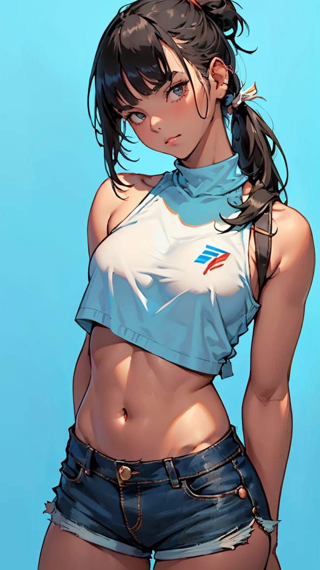 (Hyper Quality), [Standing, Upper Body, Close-up of Girl:0.6], Slim Body, Perfect Body, Mini Skirt, High Neck Sports Bra, Gradient Background, Anime Character, (Cute Girl:1.1), Sexy, Holy Light
