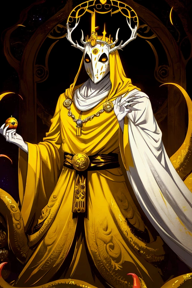 a painting of a man dressed in a yellow robe and a crown, hastur the king in yellow, yellow-robed cultist, king in yellow, a professional digital painting of the king in yellow wearing a tattered yellow cloak standing in a ballroom gripping a medallion in his claws, (white porcelain mask:1.05),painting of the king in yellow wearing a cloak and a mask, antlers, crown, cosmic background, gold and white and black color scheme surrounded by a mass of writhing tentacles, ornate baroque ballroom background, antlers, crown, high quality