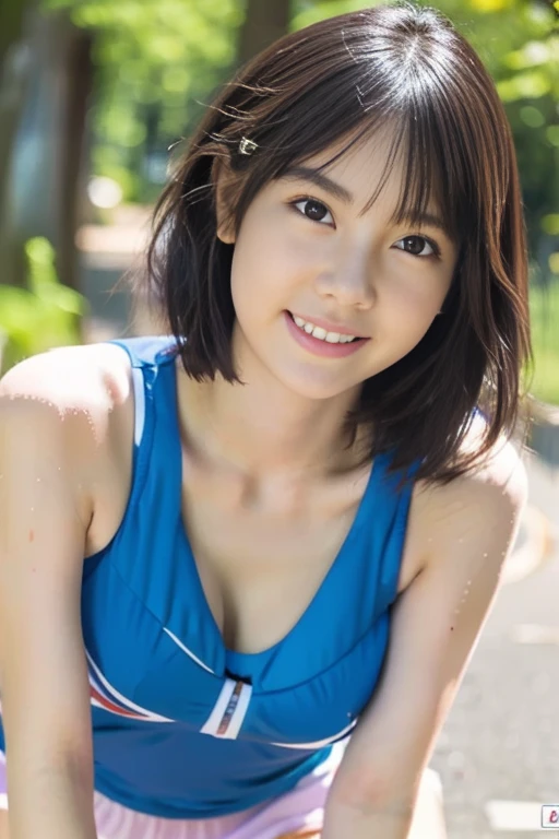 ((4K,8k,Masterpiece))、photograph、Highest quality、Detailed face、High resolution、actually exists、A rare talent、Beautiful Eyes、looking at the camera、1 Japanese girl、cute、Natural Makeup、short hair、Dark Eyes、19 years old、Vibrant、Marathon runner、Cleavage、Transparency、Sweaty skin、High leg、running wear, Forest Park Path、Long distance runner、dig in shorts
