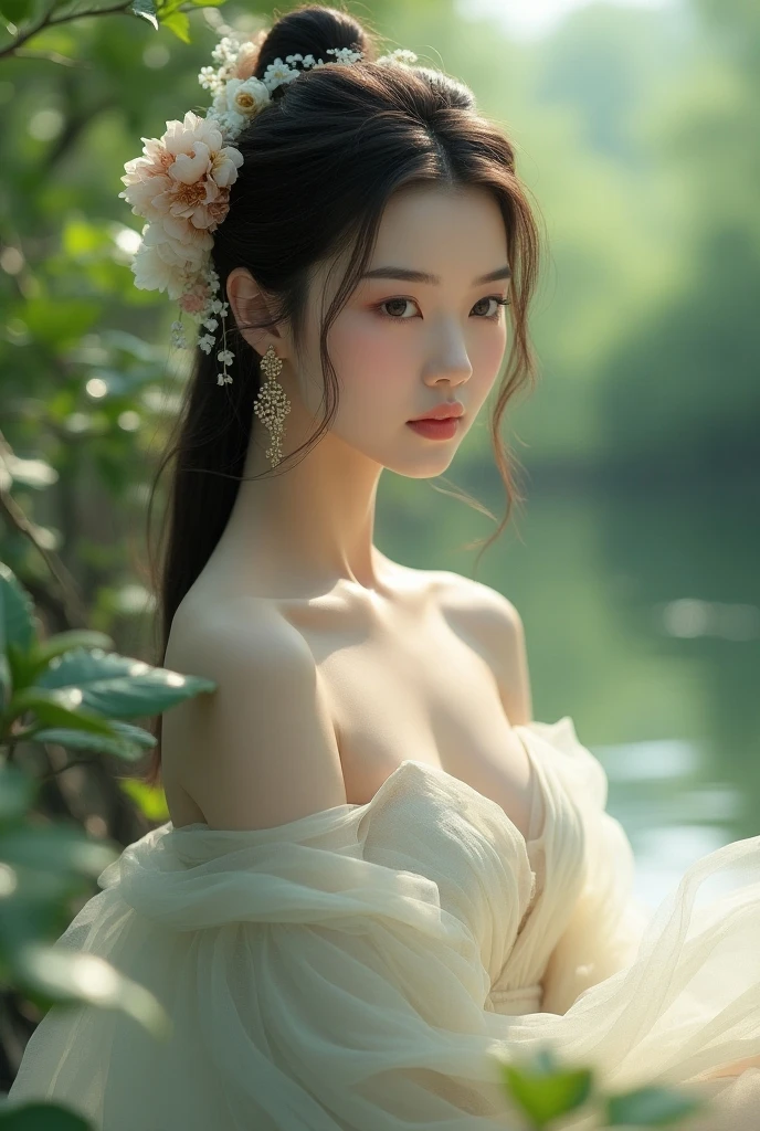 a close up of a woman in a dress near a body of water, ethereal beauty, white hanfu, ao dai, palace ， a girl in hanfu, cheongsam, wearing a luxurious silk cloak, a stunning young ethereal figure, wearing beautiful clothes, beautiful goddess, detailed dress and face, ruan jia beautiful!, chinese dress, with acient chinese clothes
